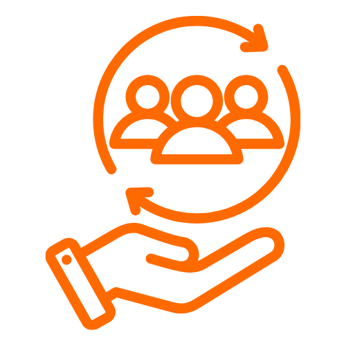 Icon of a hand supporting a group of three people inside a circular arrow, representing teamwork or support.