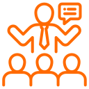 Icon of a person speaking to a group, with a speech bubble.