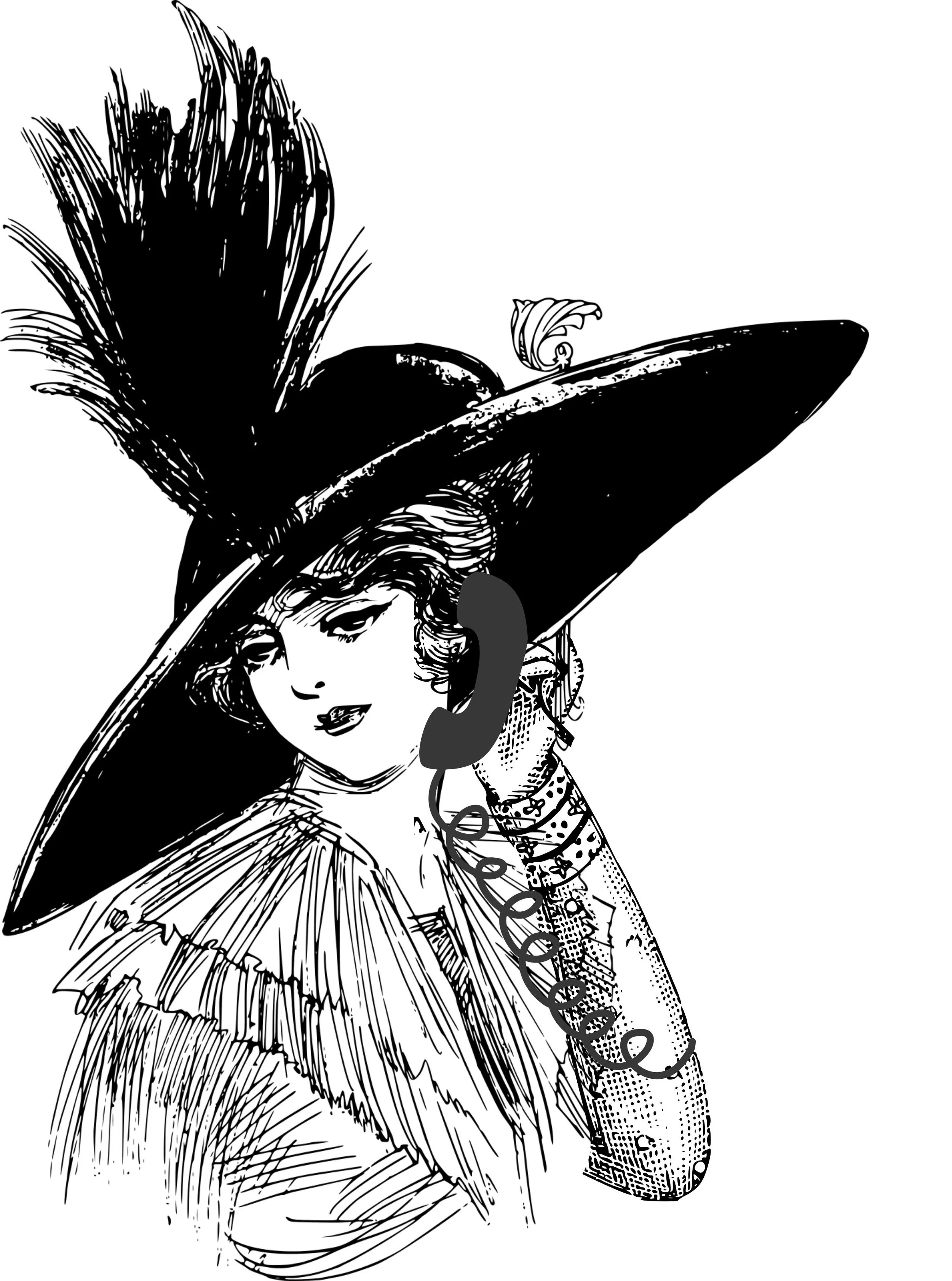 Black and white illustration of a woman wearing a large feathered hat, holding a telephone receiver to her ear, dressed in vintage clothing with lace and ruffles.