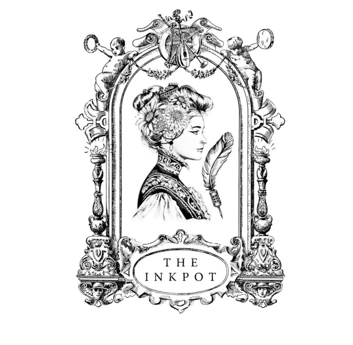 Black and white illustration of a vintage-style mirror frame with ornate details. Inside the mirror is a profile portrait of a woman with a floral hairdo, wearing traditional clothing, and holding a feather quill. The top of the frame features cherubs holding objects, and the bottom has an oval label that reads "The Inkpot."