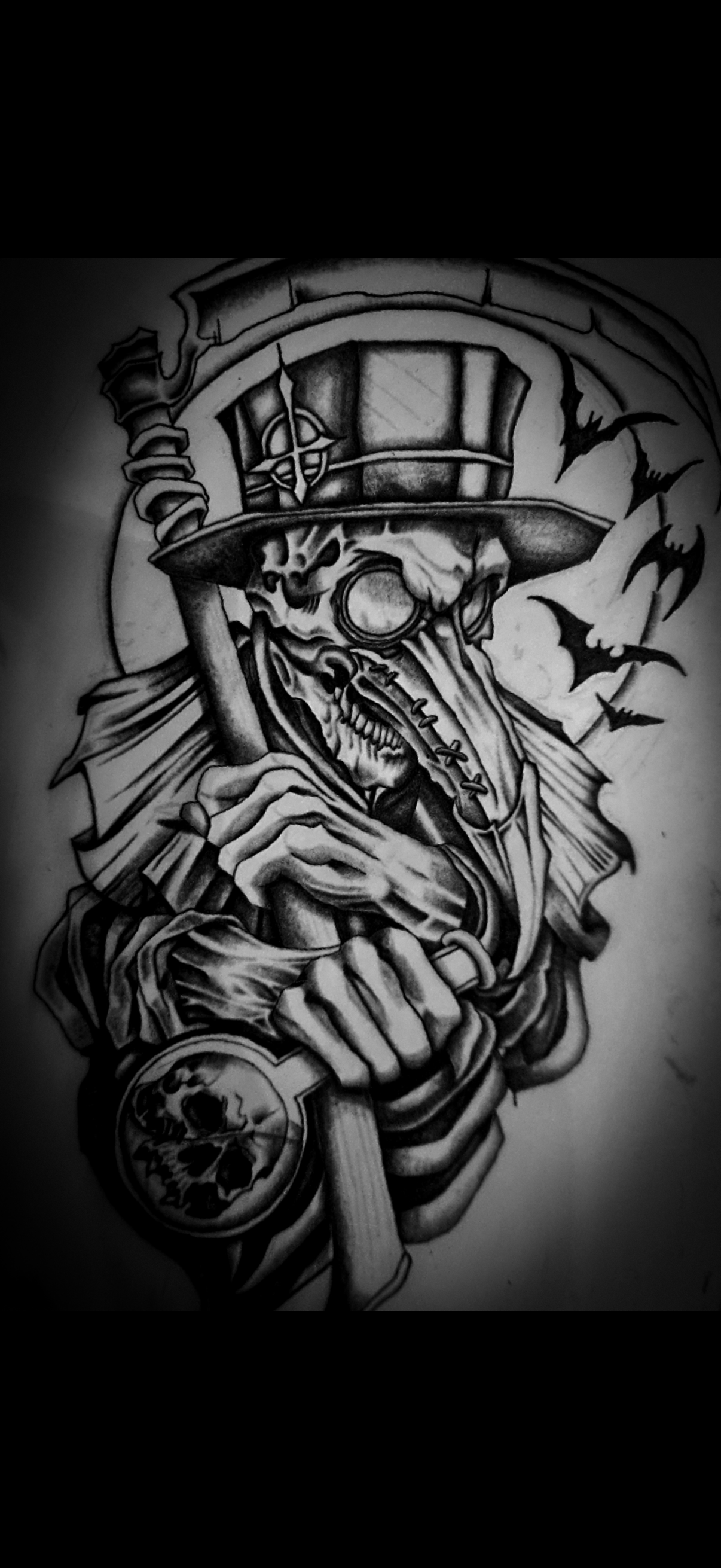 Detailed black and white tattoo of a skeleton wearing a top hat, monocle, and cape, holding a cane with a skull emblem, with bats flying around in the background.