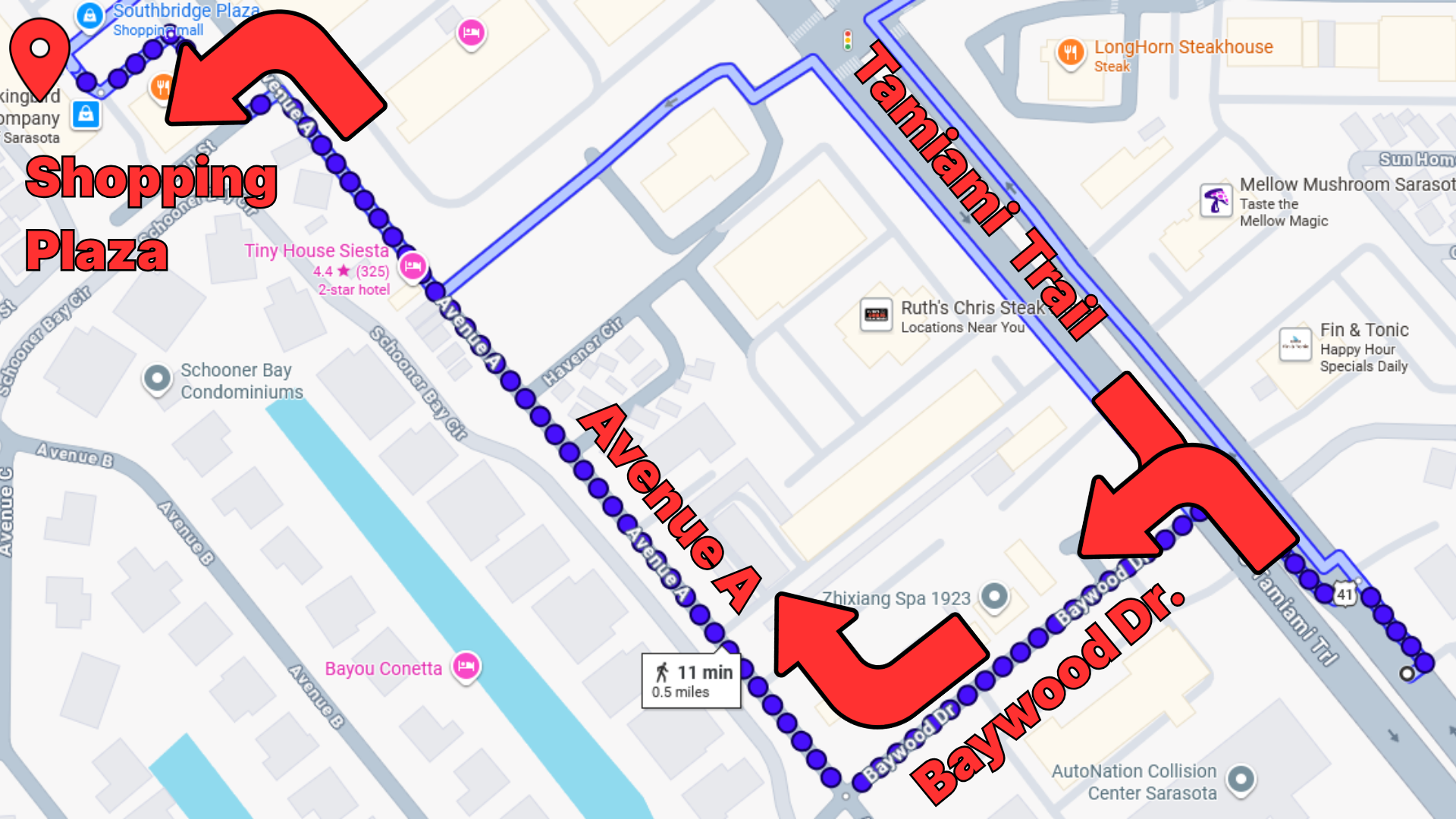 Alternative route to Special Nutrition. Arrows indicate a turn from Tamiami Trail onto Baywood Drive. Then take a left onto Avenue A, and lastly another left into the Ridgecrest Shopping Plaza. Our store is located next to New Balance.