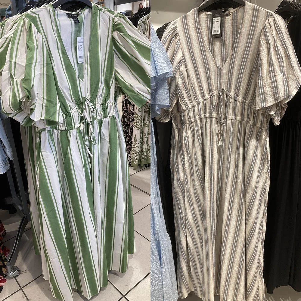 On the left a green and white striped dress, on the right a cream and tan striped dress.