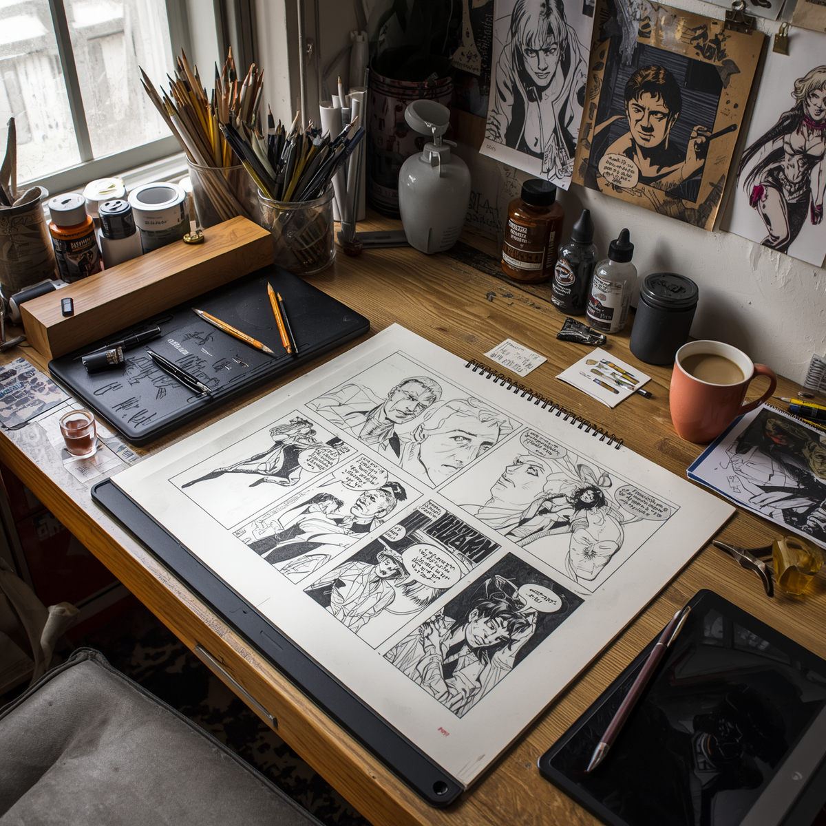 A desk with comic book artwork, drawing tools, and supplies, near a window, with comic panels on a large paper, surrounded by pens, paints, and reference images.