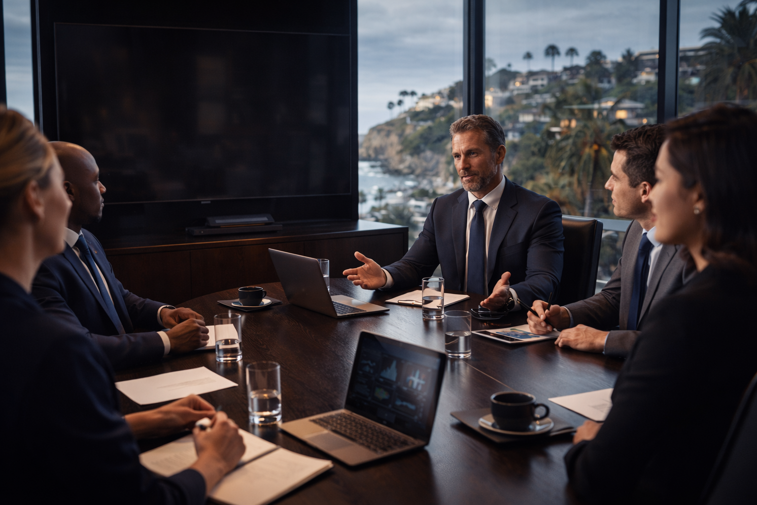 Business meeting with five professionals in formal attire sitting around a conference table in a high-rise office, with large windows overlooking a cityscape with palm trees during the daytime.
