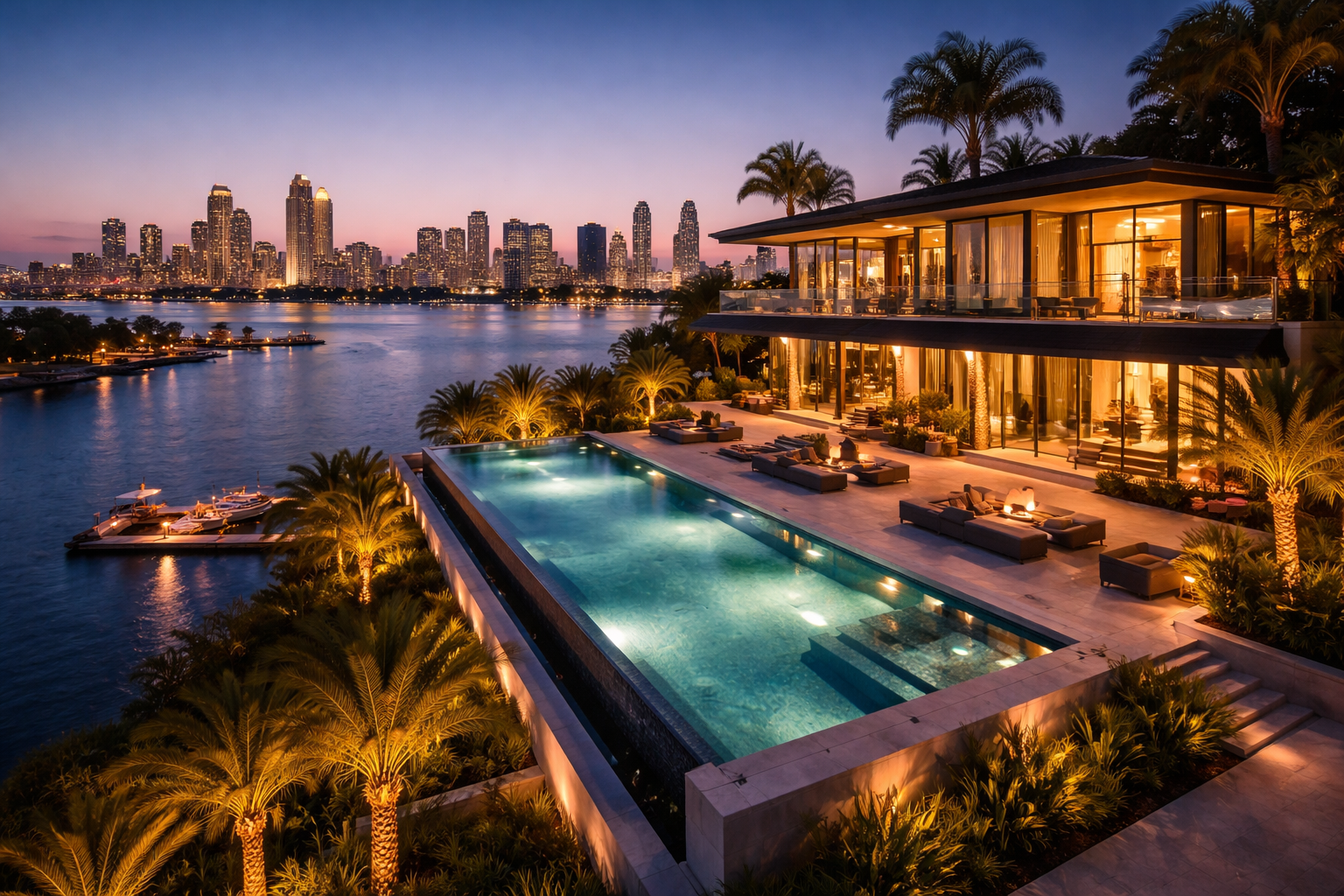 A luxurious waterfront house at night with illuminated interior and outdoor pool, overlooking a city skyline with tall buildings.