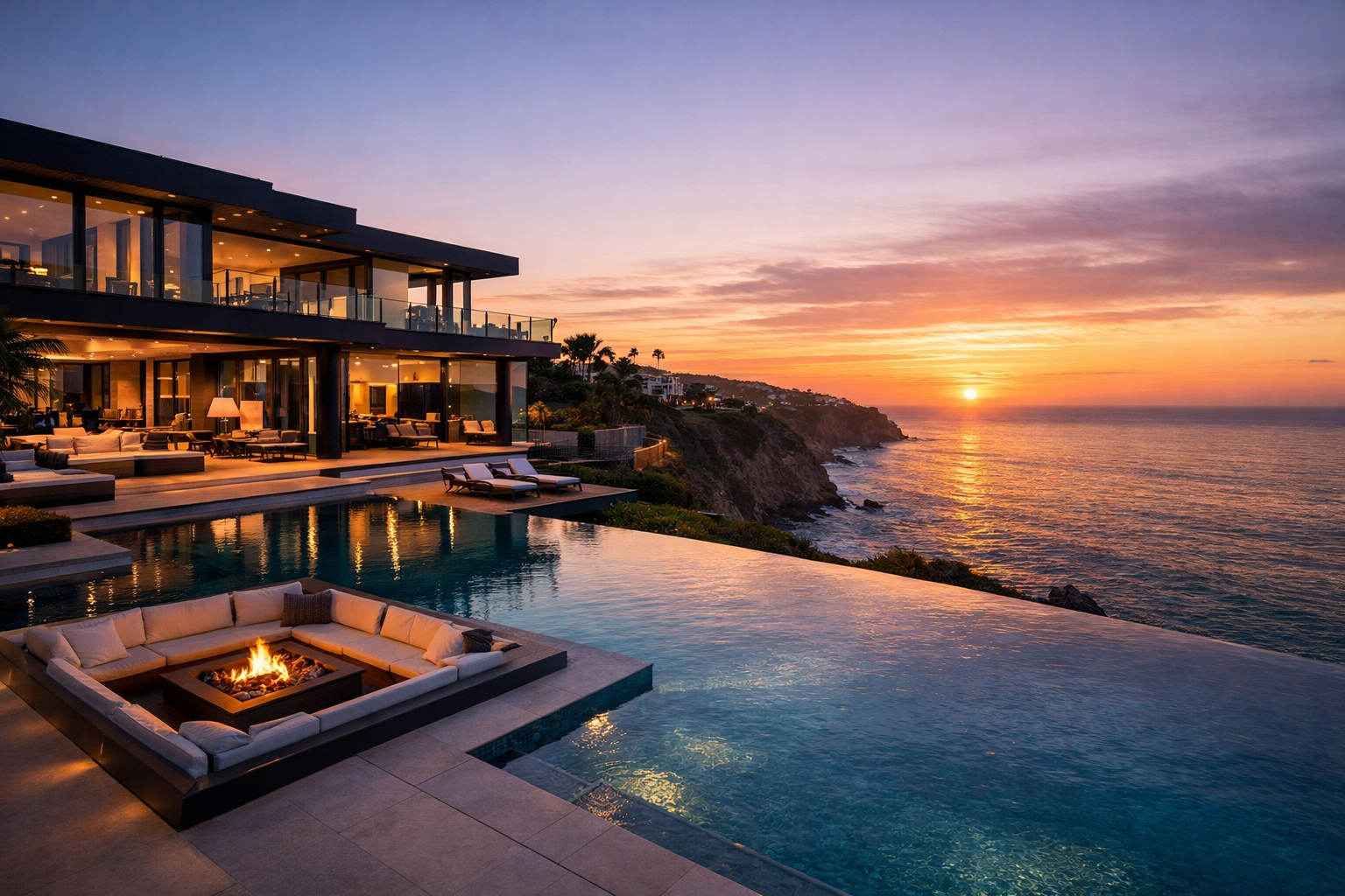 Luxury modern house with an infinity pool overlooking the ocean at sunset, with outdoor seating and fire pit