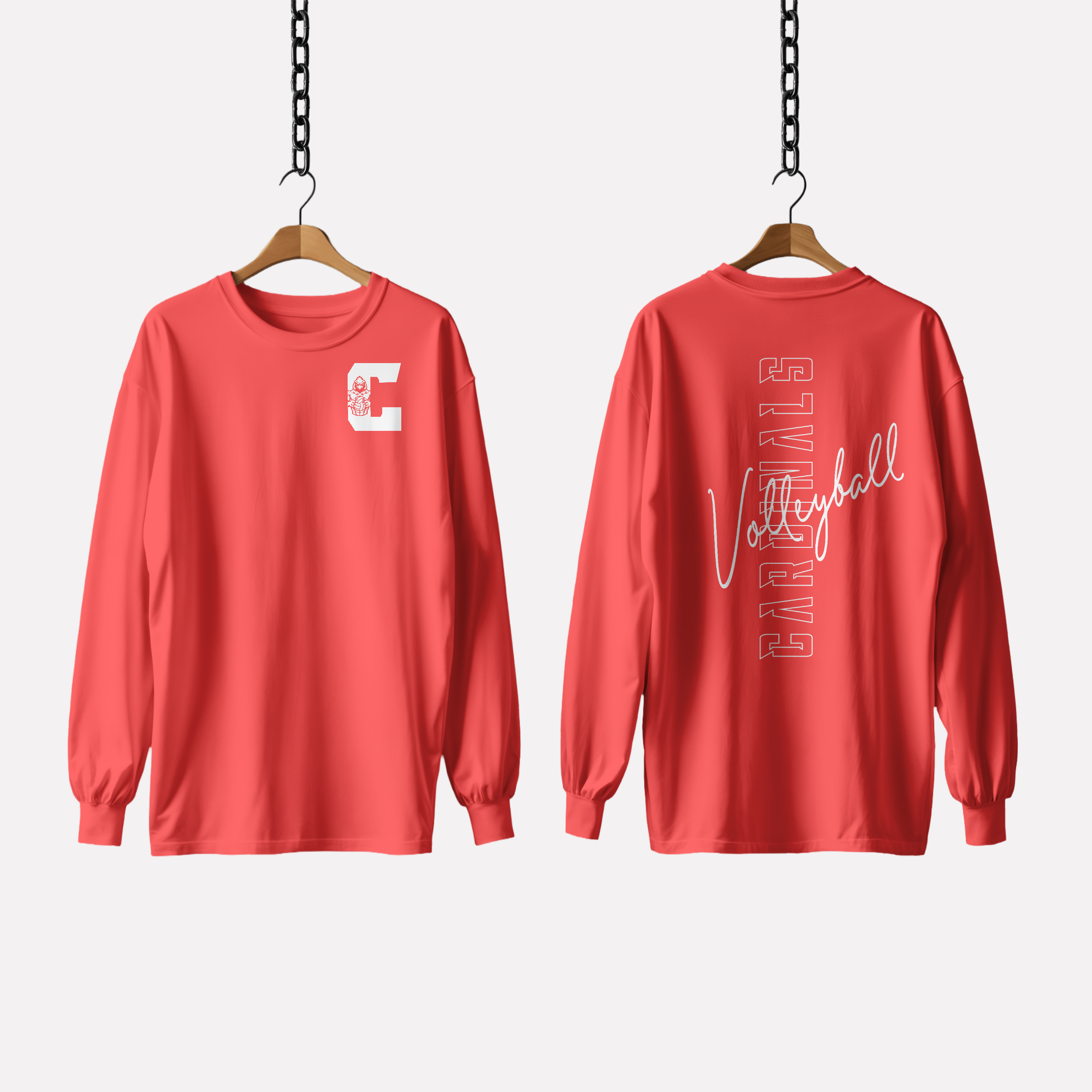 Volleyball Chest and Back Cursive Letters Long Sleeve Shirt