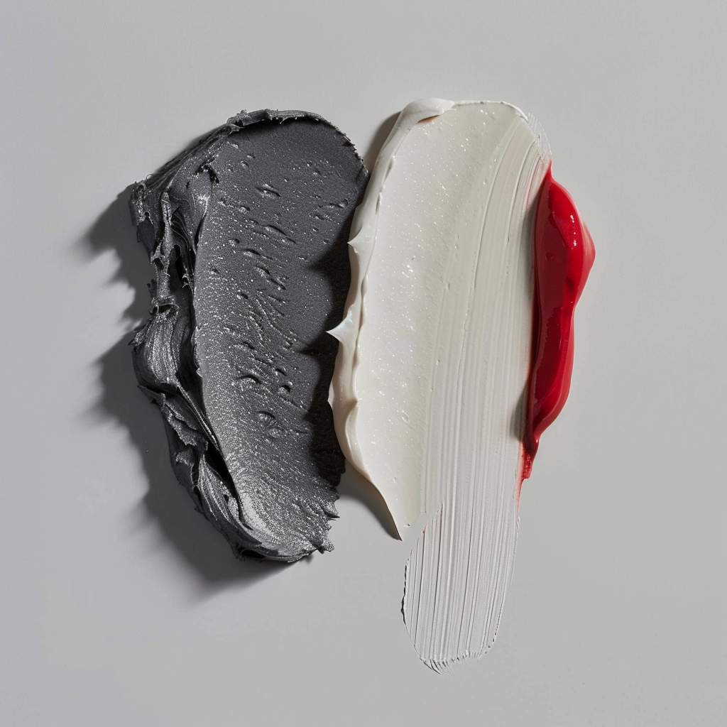 Three different colors of paint swatched on a white surface: black, white, and red.