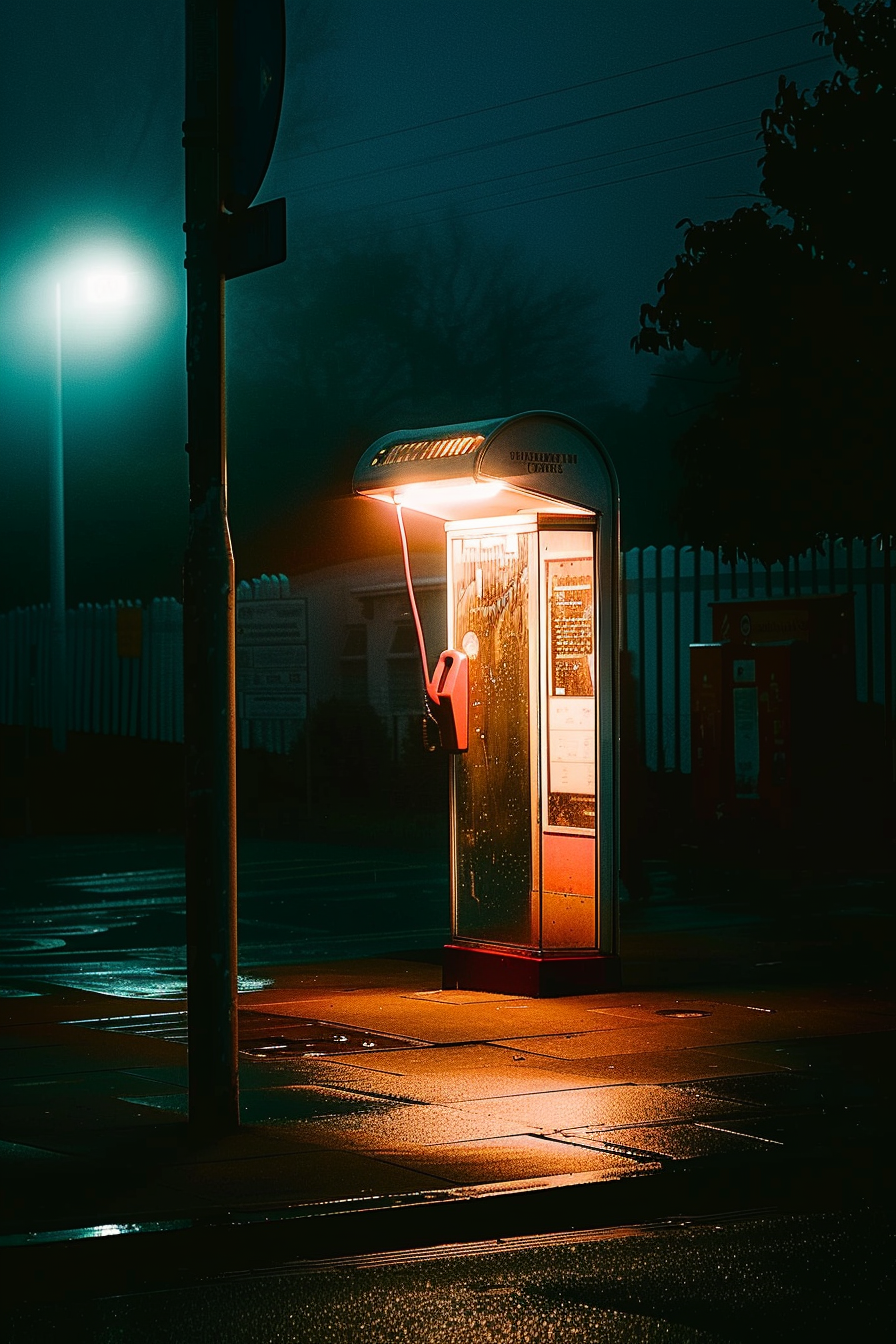 A lit payphone booth at night on a wet sidewalk, with a large streetlight and trees in the background.