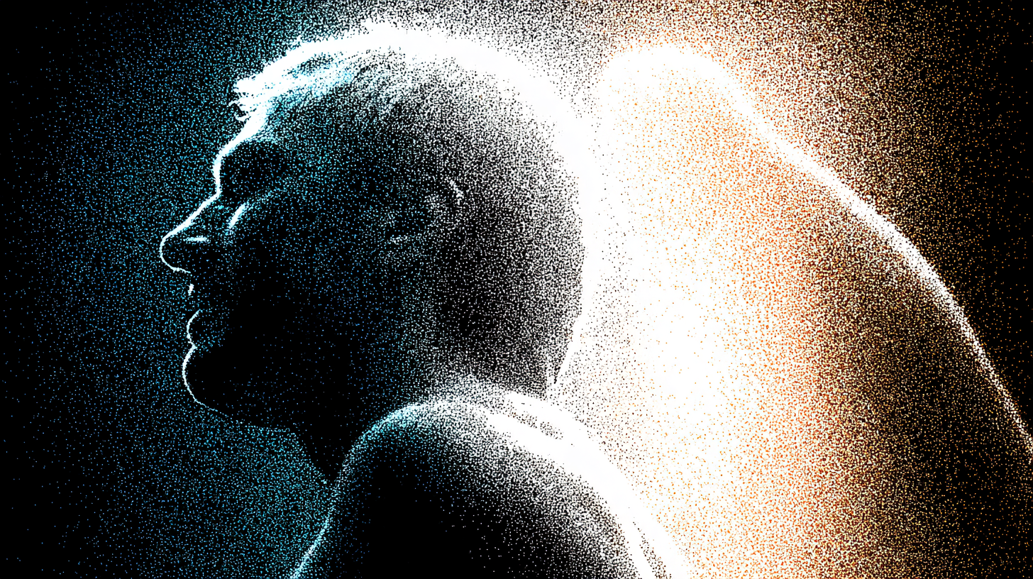 Digital artwork of a woman's profile composed of colorful particles, transitioning from blue on the left to orange on the right, set against a black background.