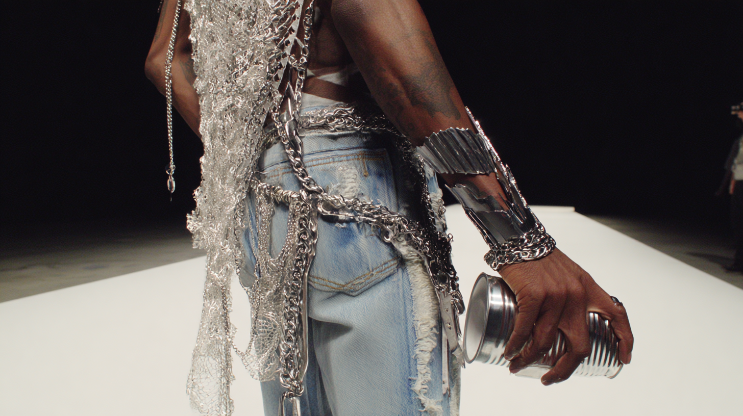 Close-up of a person dressed in edgy fashion with jeans and layered silver jewelry, holding a silver tin can.