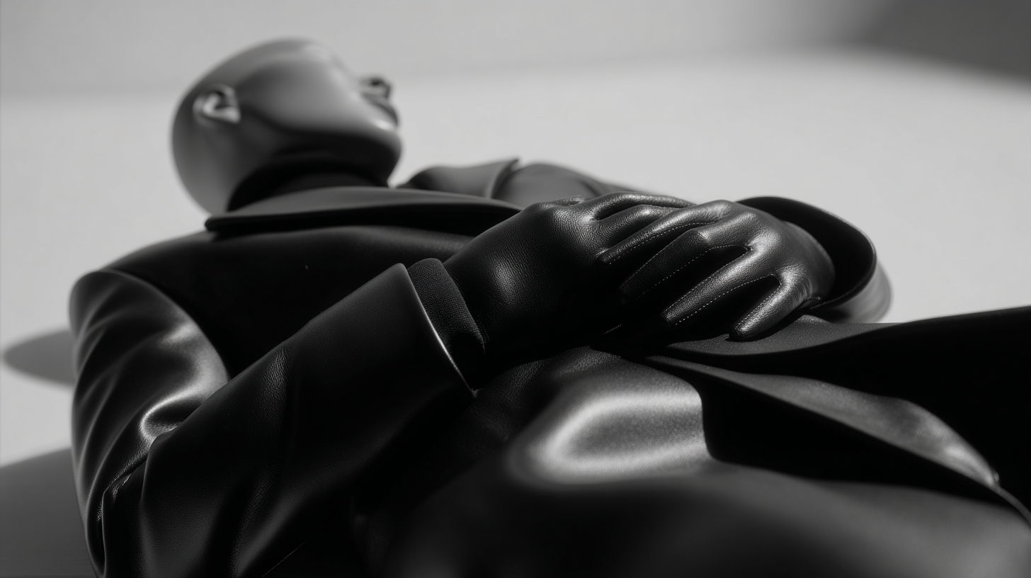 Close-up of a person in black leather gloves and clothing, lying down with their hands clasped, in black and white photography.