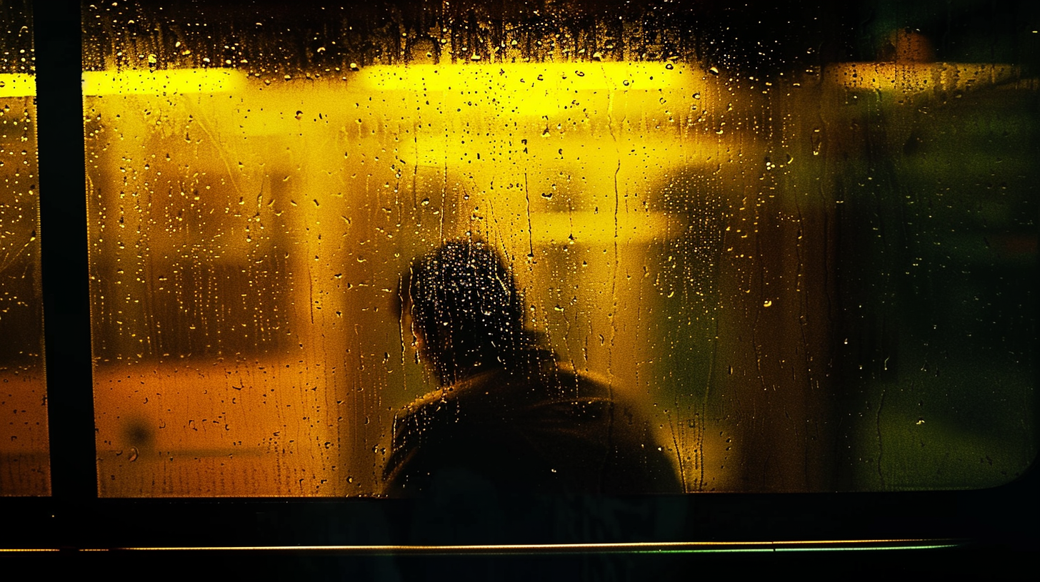 A person looking out a rain-covered window at a yellow-lit scene outside, with water droplets on the glass.