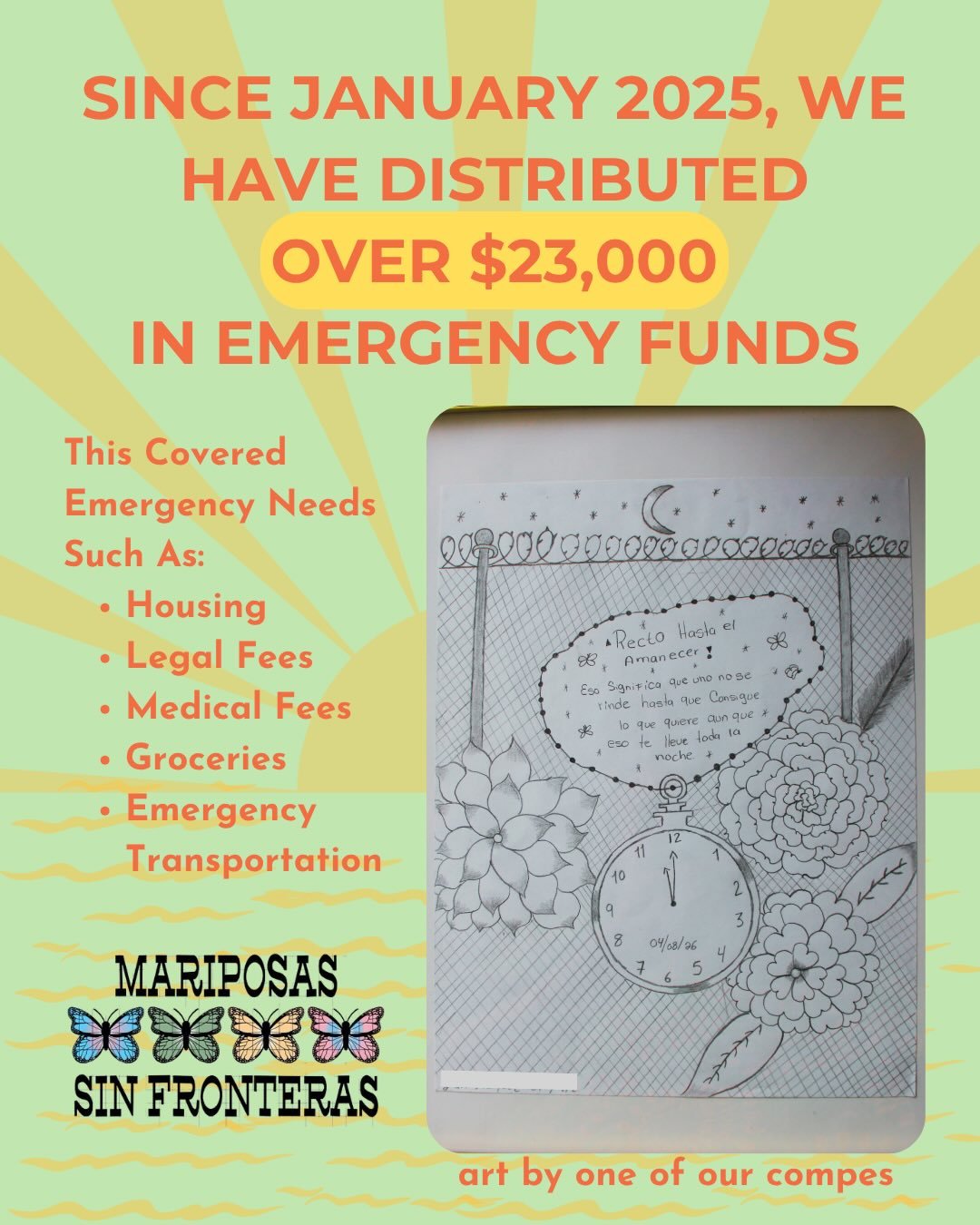 🩷 Espa&ntilde;ol Abajo 🩵

Since January 2025, Mariposas Sin Fronteras has distributed more than $23,000 in emergency funds to our trans and LGBQIJ+ compes! 🙌🏽

As attacks against our migrant communities persists, emergency financial need continue