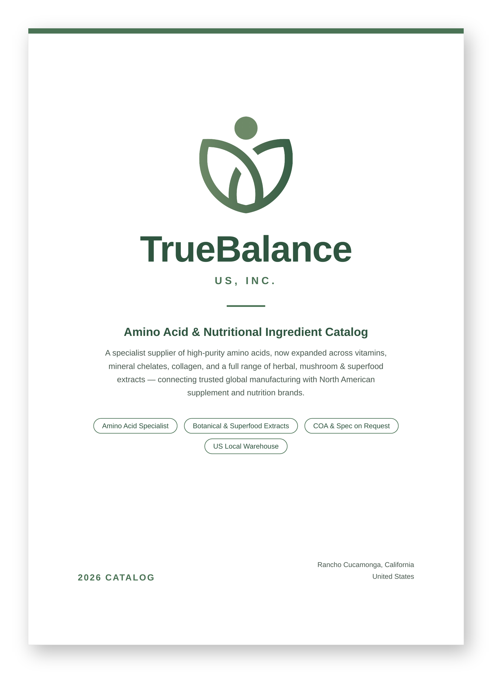 A catalog cover for TrueBalance US, Inc. featuring a green and white color scheme, a minimalist logo, and text describing the company as a supplier of high-purity amino acids, herbal extracts, and nutrition brands, with a focus on North American manu