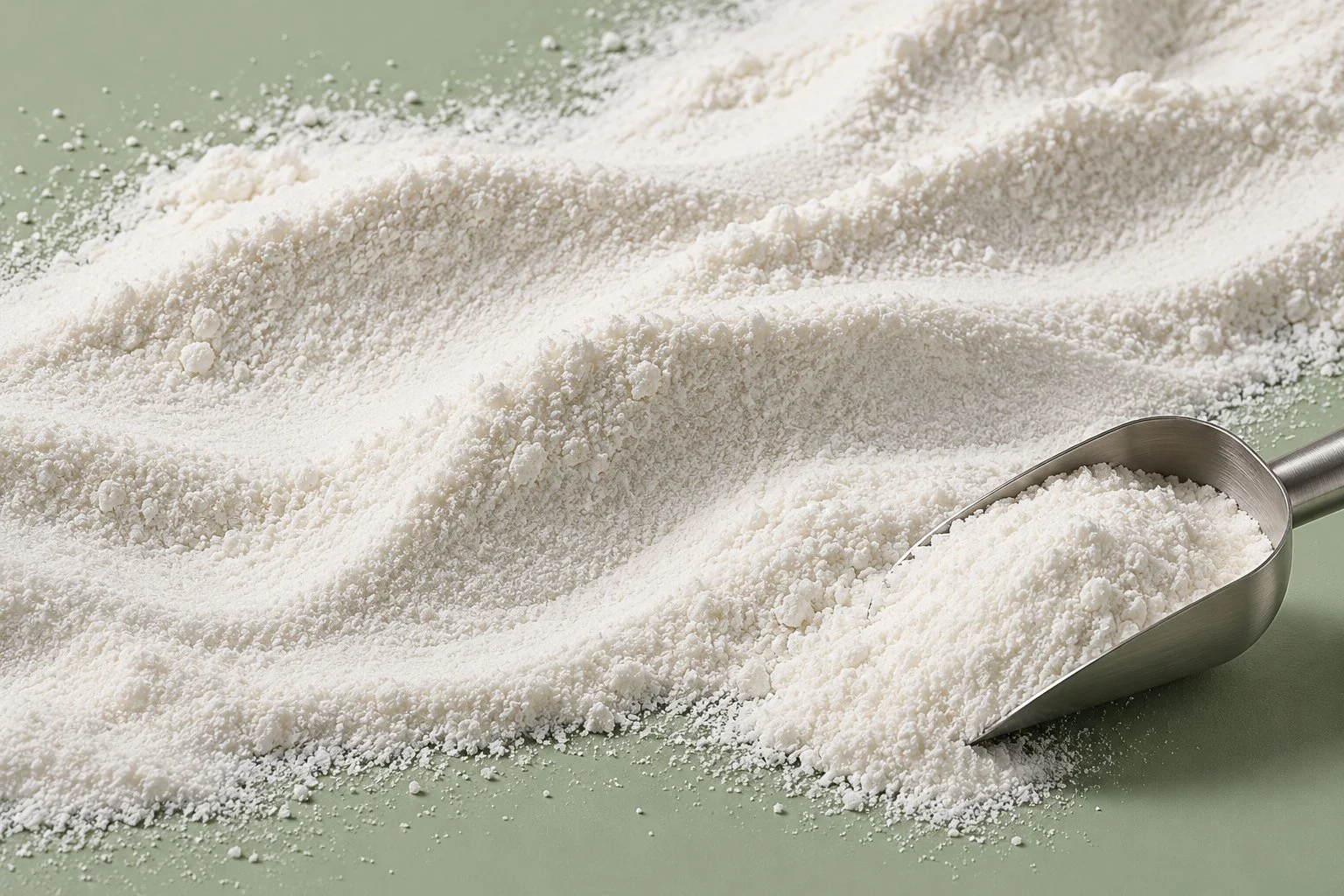 Illustrative fine white ingredient powder with an unbranded stainless steel scoop