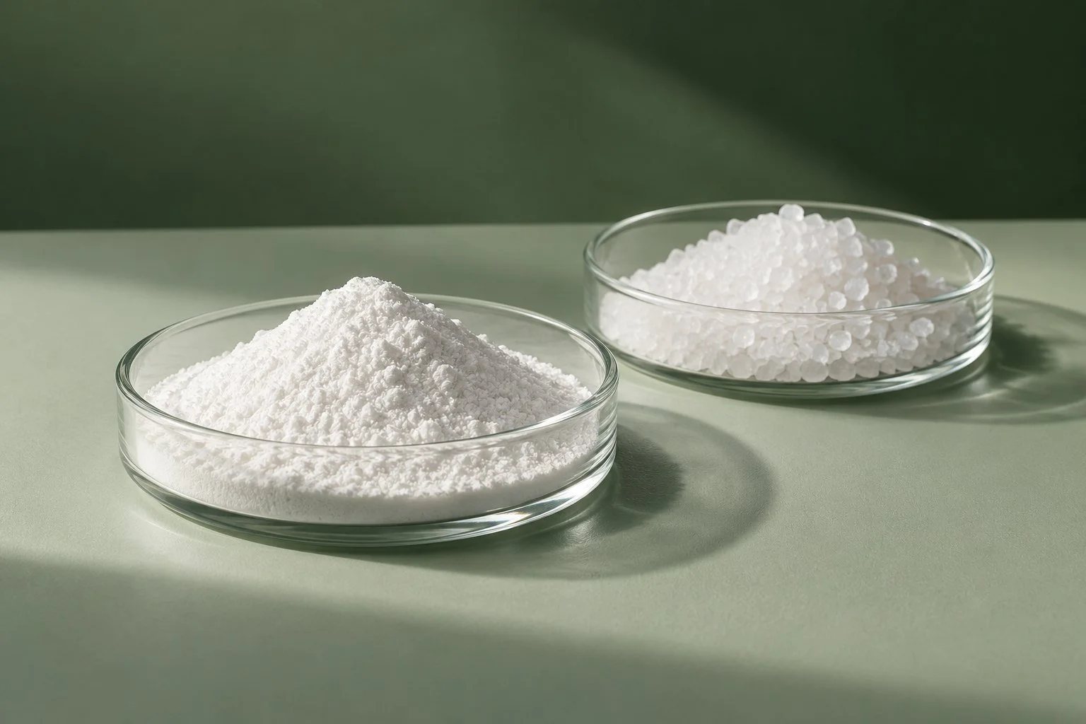 Illustrative powder and crystalline ingredients in unbranded glass dishes
