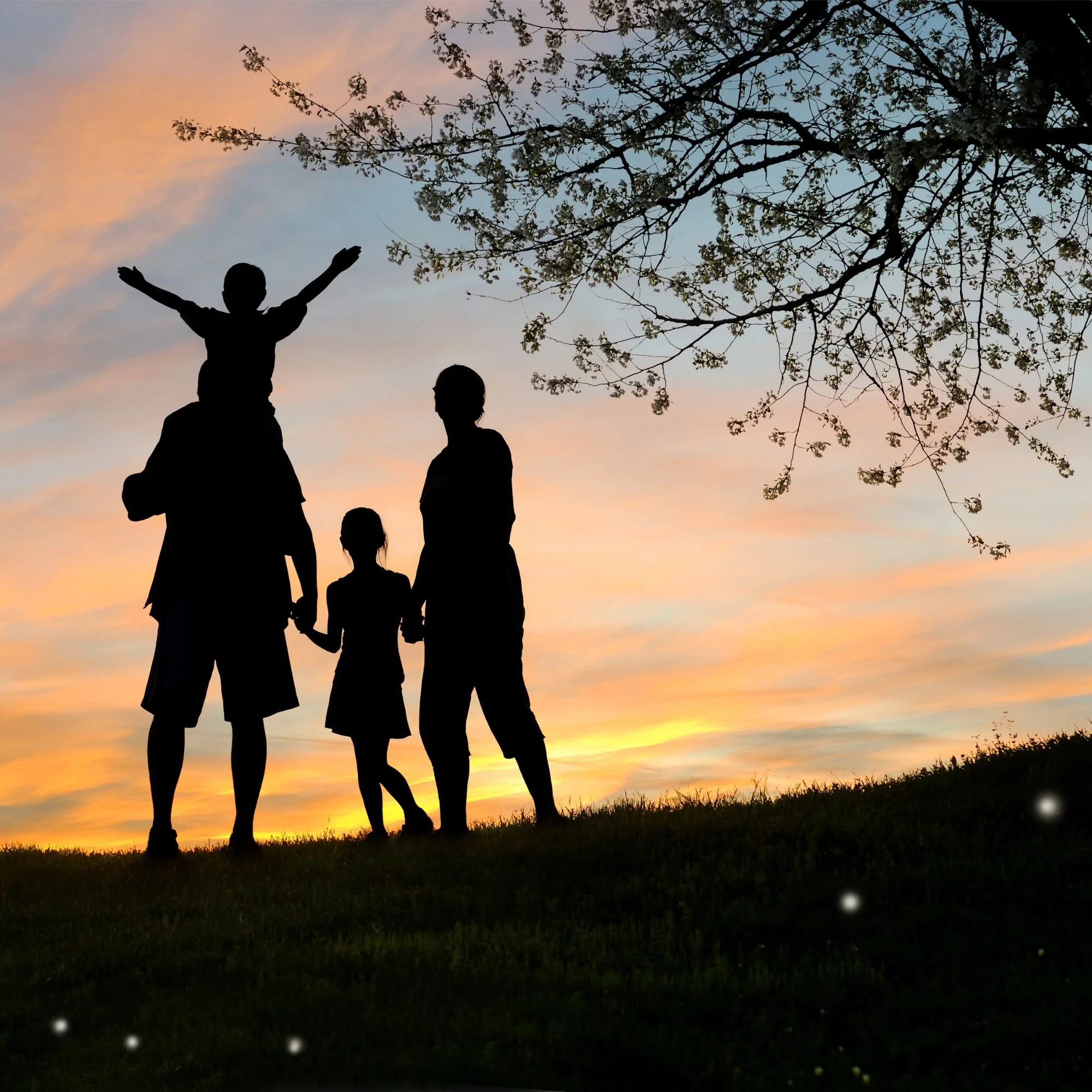 Silhouetted family of four standing outdoors on a hill at sunset, with a large tree on the right side and fireflies around.