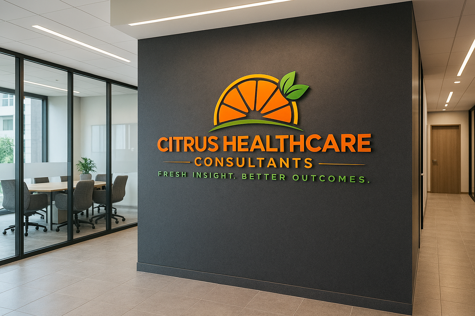 Corporate office lobby with a sign that reads 'Citrus Healthcare Consultants' featuring an orange slice with leaves, and the tagline 'Fresh Insight. Better Outcomes.'