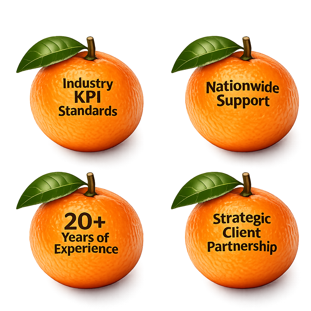 Four oranges with green leaves and stems, each with black text: top left says 'Industry KPI Standards,' top right says 'Nationwide Support,' bottom left says '20+ Years of Experience,' bottom right says 'Strategic Client Partnership.'