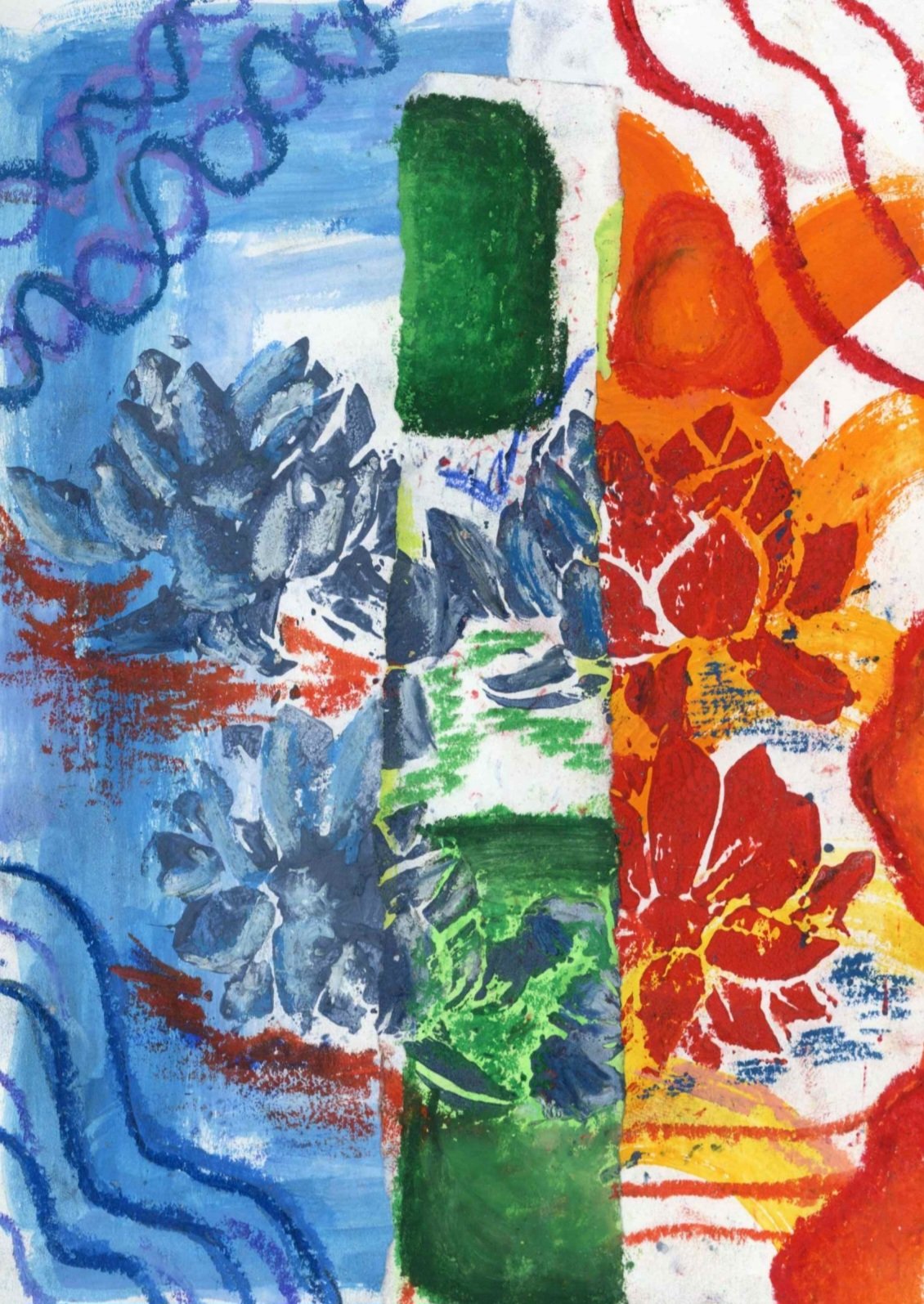 Untitled, 2024, Linoprint with oil pastels, 14.8 x 21.0 cm