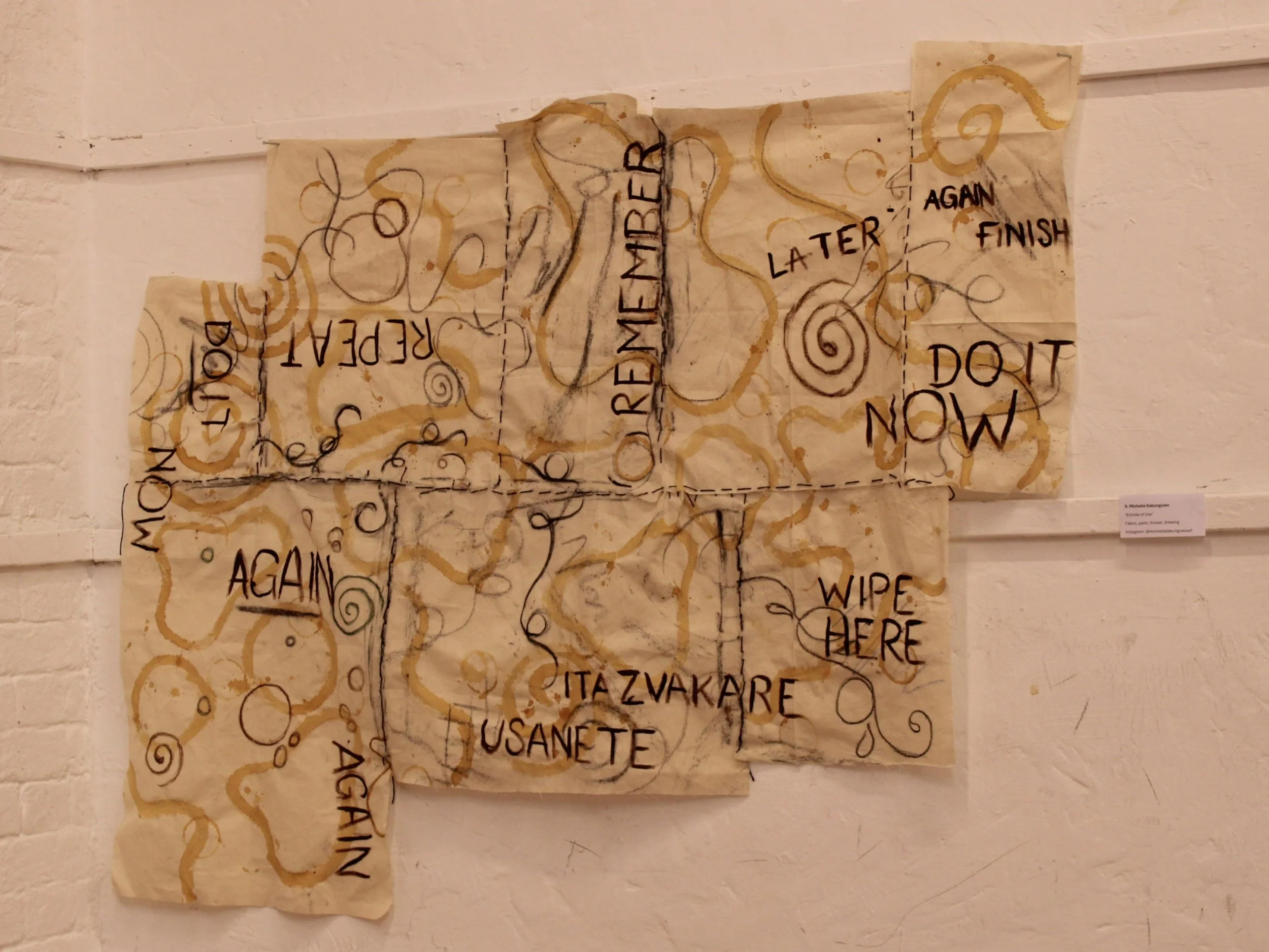 Echoes of Use, 2026, Cotton linen, ink, charcoal, tea and thread, Installation, 59.4 x 84.1cm
