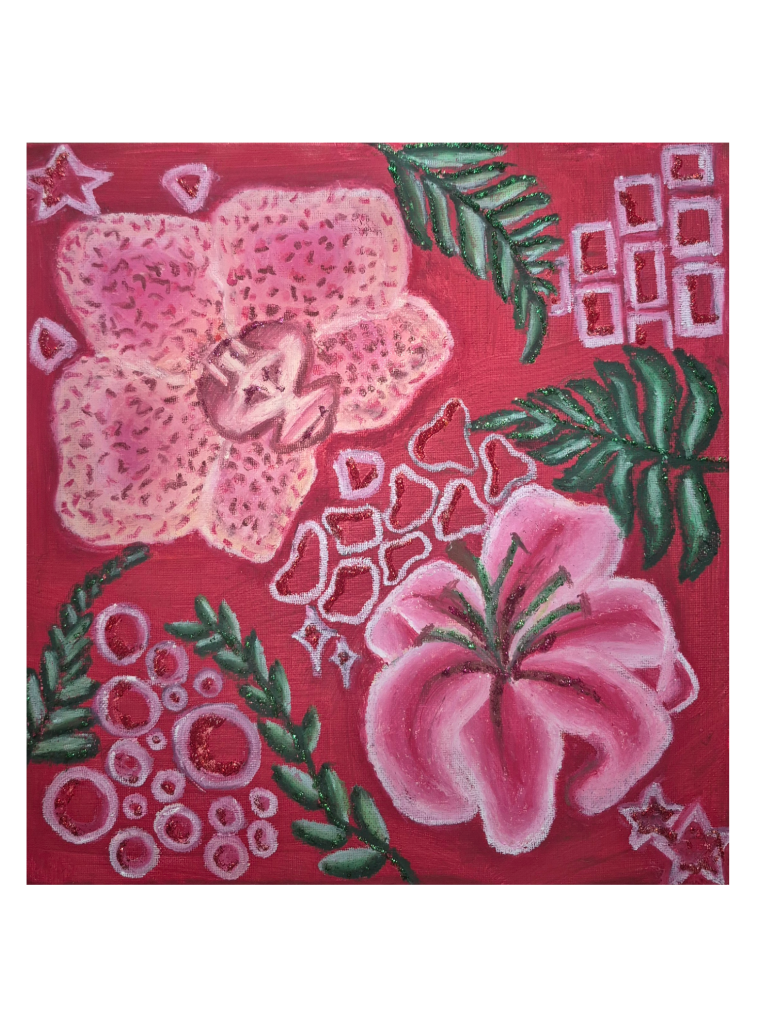 Ethereal Bloom, 2026, Gouache and oil pastel on artist board, 30 x 30 cm