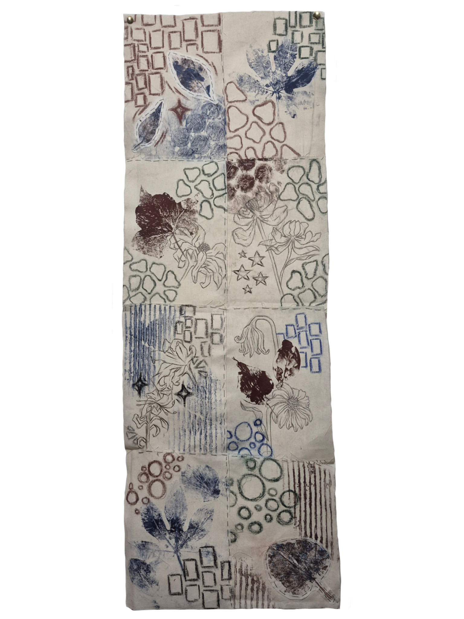 What You Choose to See, 2026, Monoprint, ink, oil pastel, and hand stitching on cotton fabric, 42cm × 59.4cm