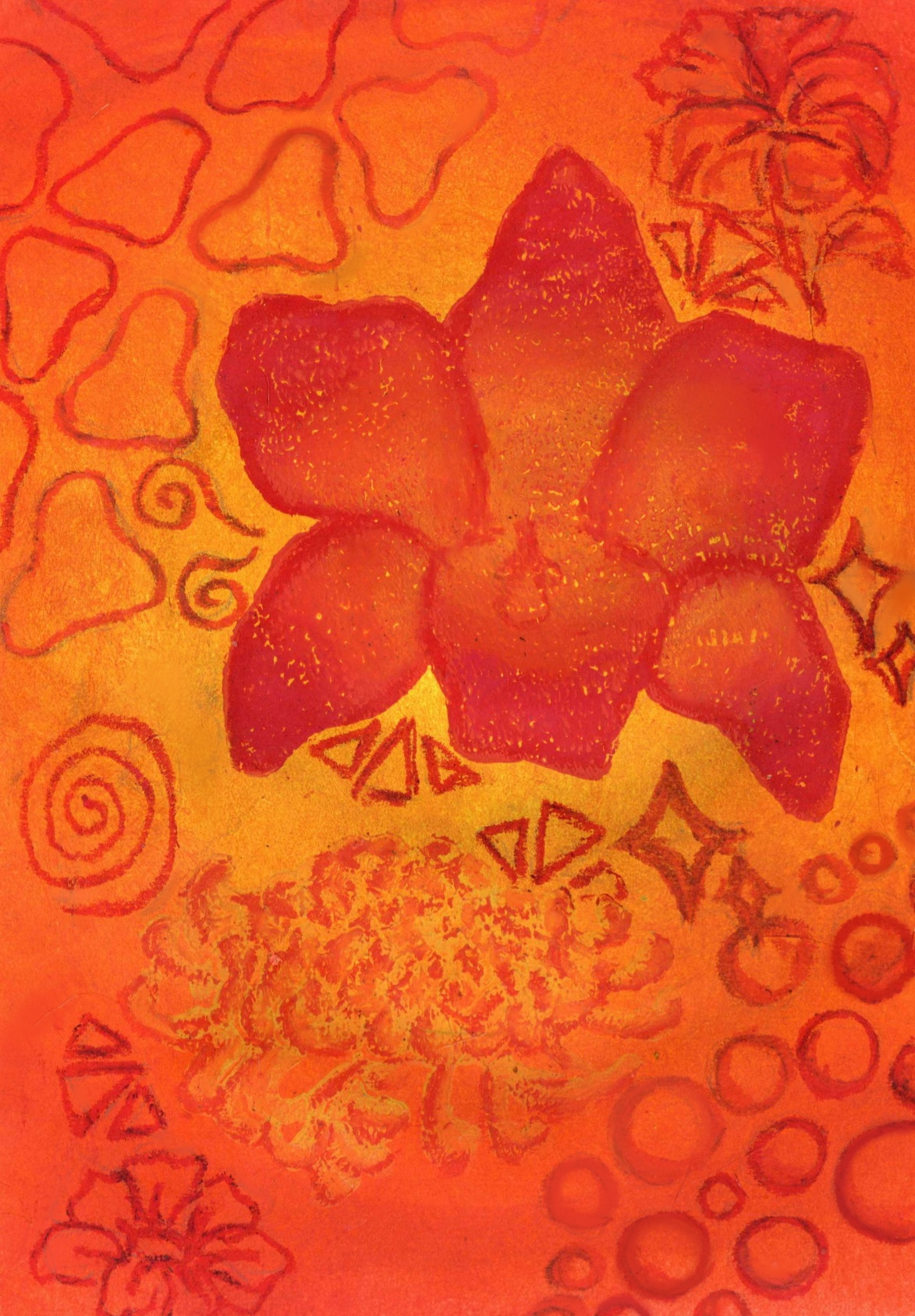 Untitled, 2025, Linoprint with gouache and oil pastel , 21 x 29.7 cm