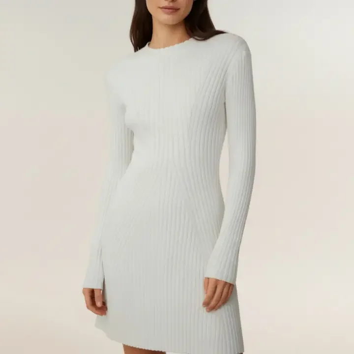 White Ribbed Stretch Sweater Dress Front.webp