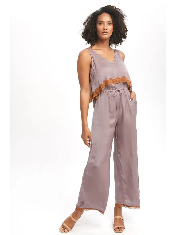 Regencycore Satin & Lace Jumpsuit - Lavender Tea