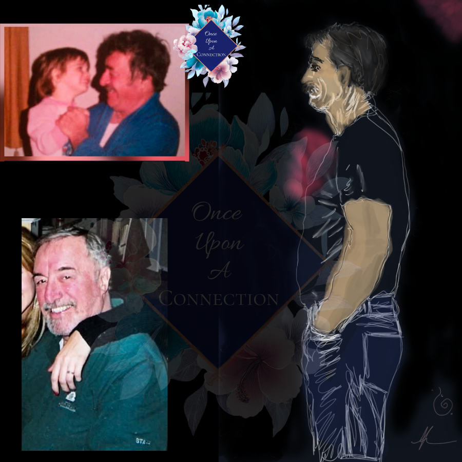 Collage featuring a digital art portrait of a man with dark hair on the right, and two photographs of a smiling man, one with a young girl and one with an older woman, on the left. Background includes floral elements and the text 'Once Upon A Connection'.