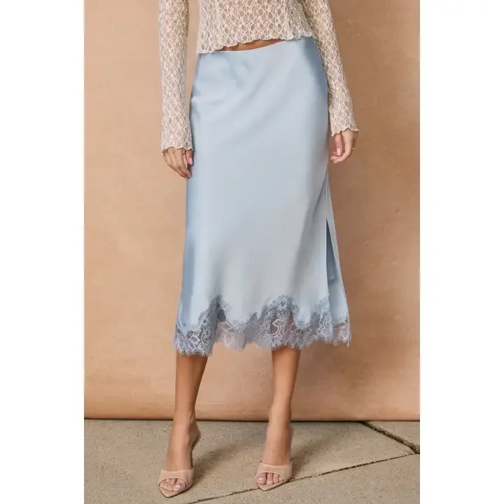 Wait A Minute Periwinkle Satin & Lace Stretch Midi Skirt