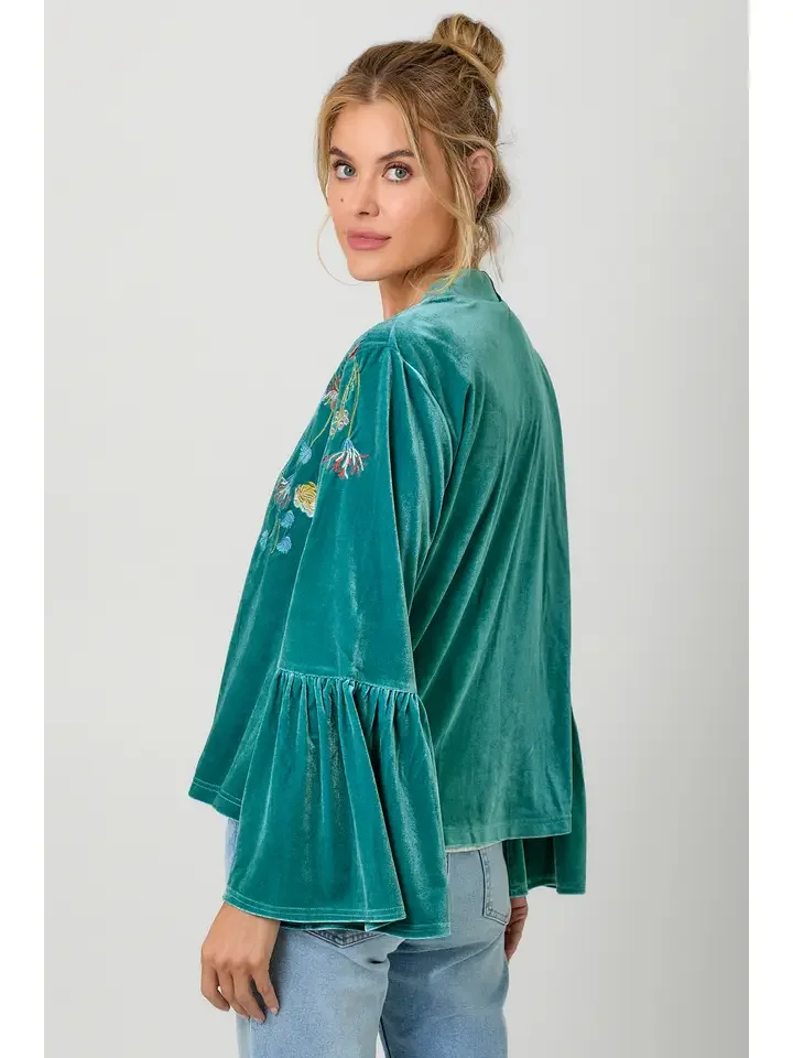 Aqua Velvet Kimono Bell Sleeve Jacket Side.webp