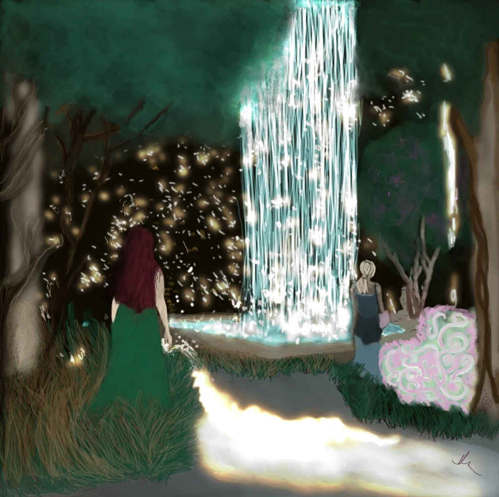Two women in a forested area with tall trees, facing a glowing waterfall that seems to emit light and sparkles, with mystical and magical atmosphere.