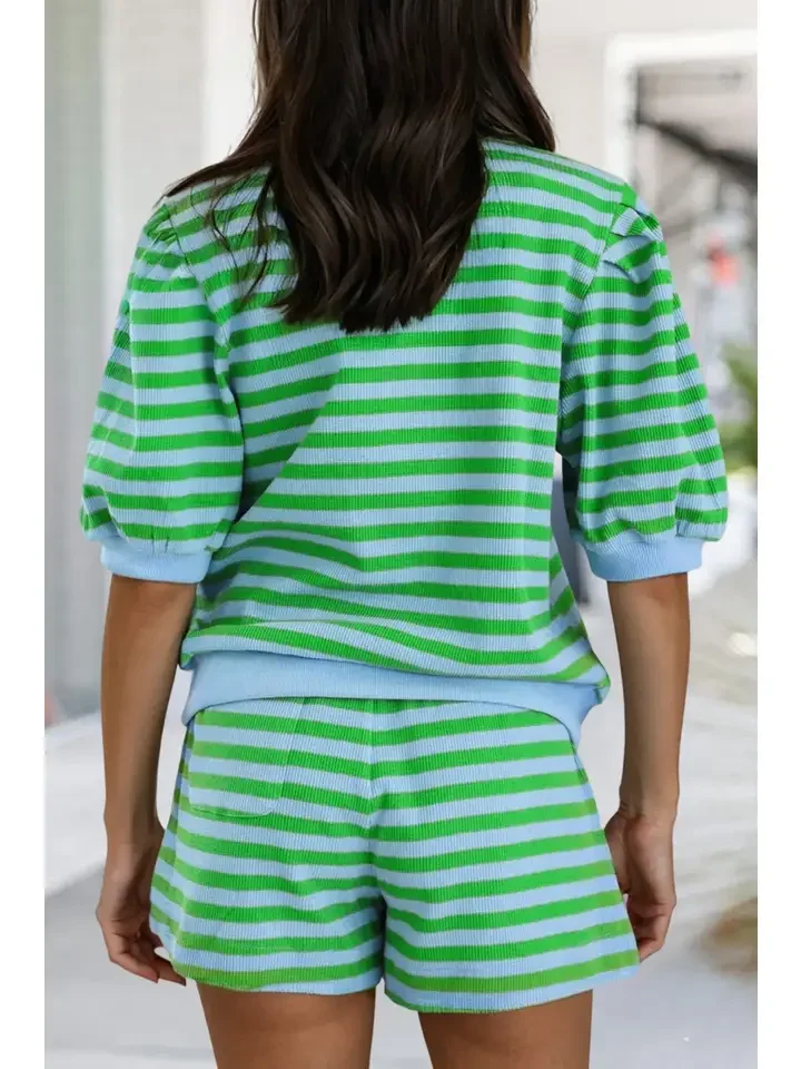 Two Piece Green and Blue Striped Shorts Set Back.webp