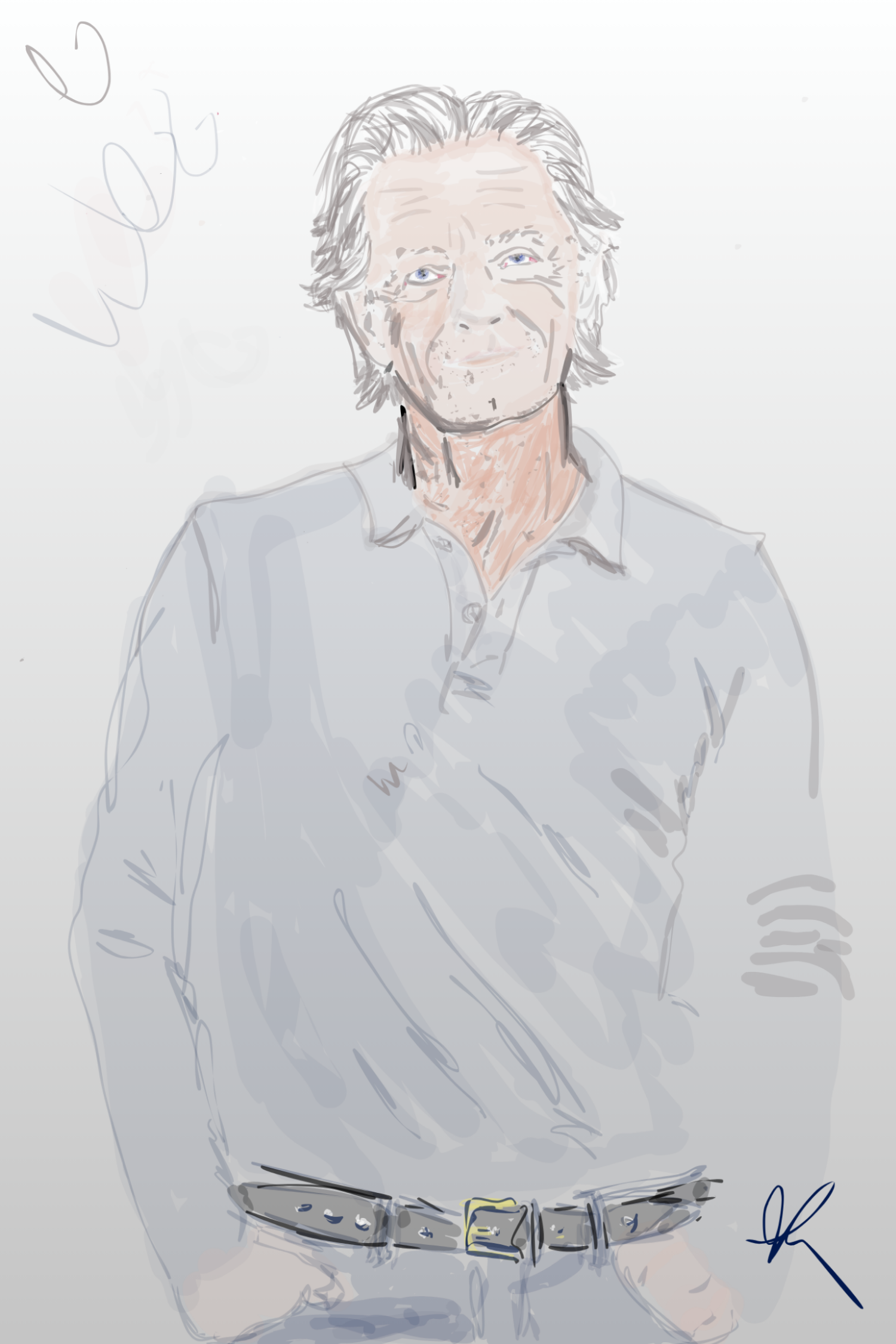 A digital sketch of an older man with gray hair, wearing a light shirt and a belt, smiling with his hands in his pockets.