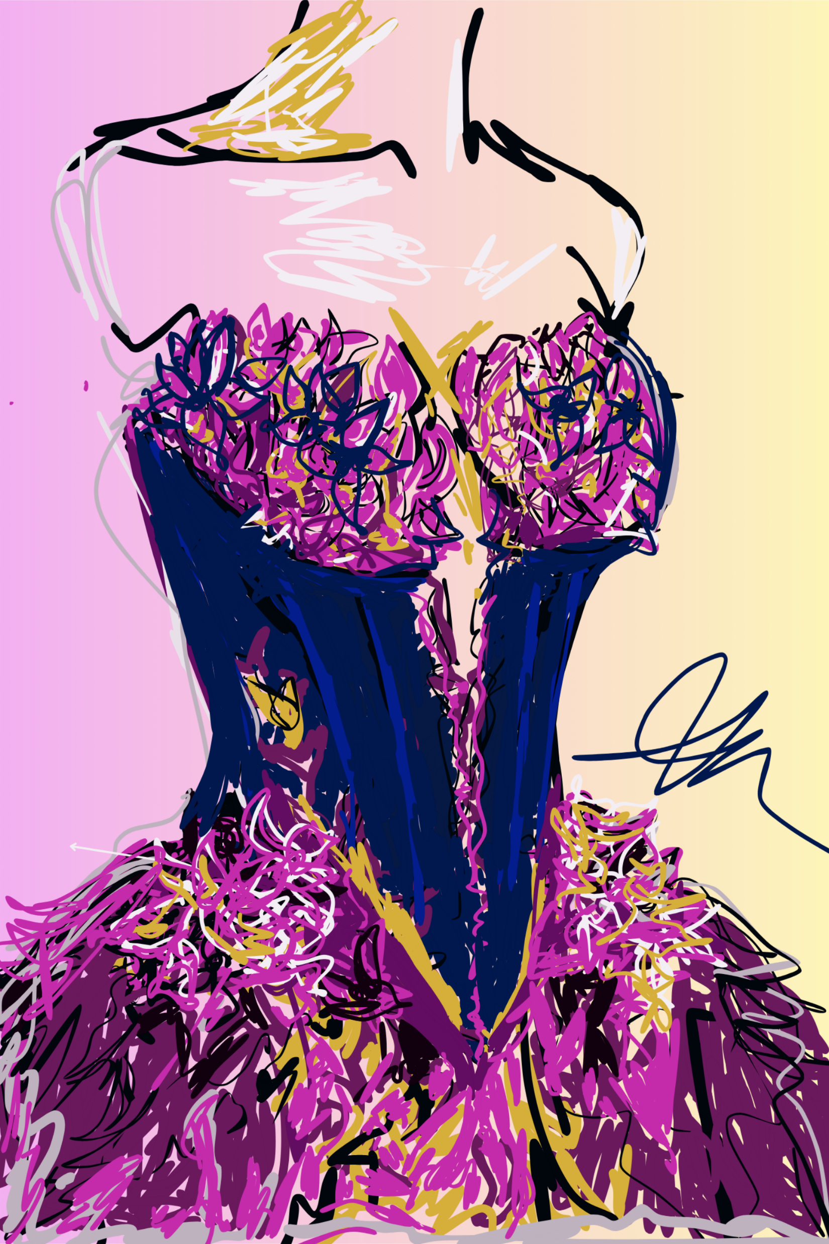An abstract illustration of a woman wearing a purple dress with a large, ruffled skirt, holding a glass of white wine, with a soft pastel-colored background.