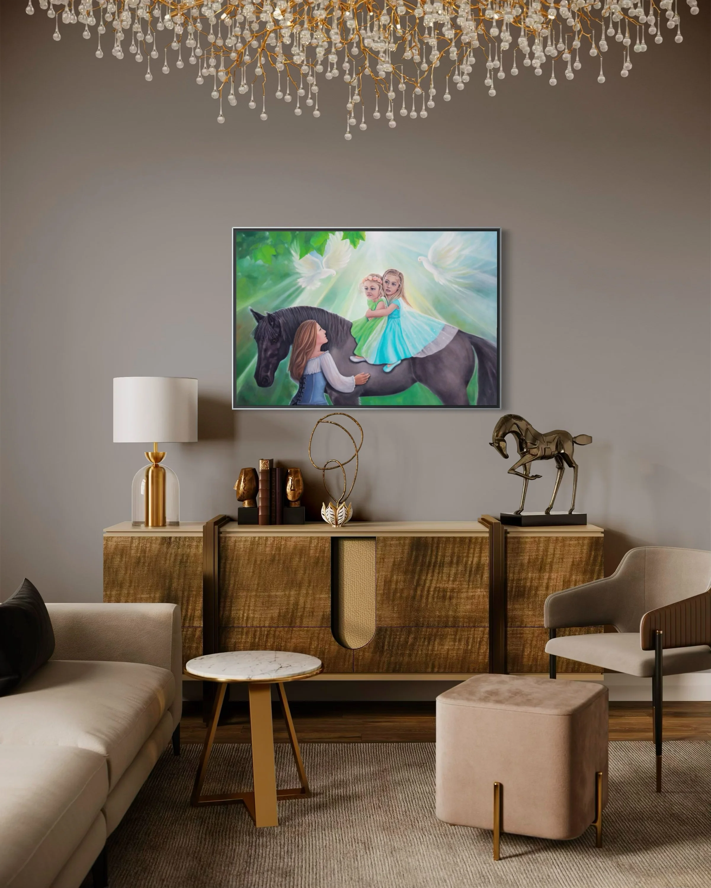 "Ama's Angels" 24 × 36”, oil on canvas, is a tender portrait of two young girls seated on a calm, dark horse, watched over by their grandmother, Ama. Soft light filters through green foliage as white doves glide above, suggesting peace, protection, a