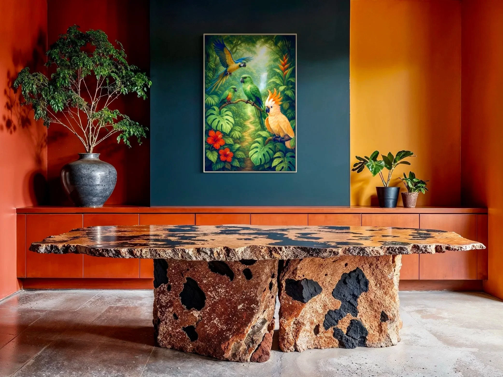 Commissioned for a private client, "Trail of Wings" explores color, movement, and layered atmosphere within a tropical sanctuary. A quartet of parrots gather along a winding forest path, symbolizing connection and vitality. 