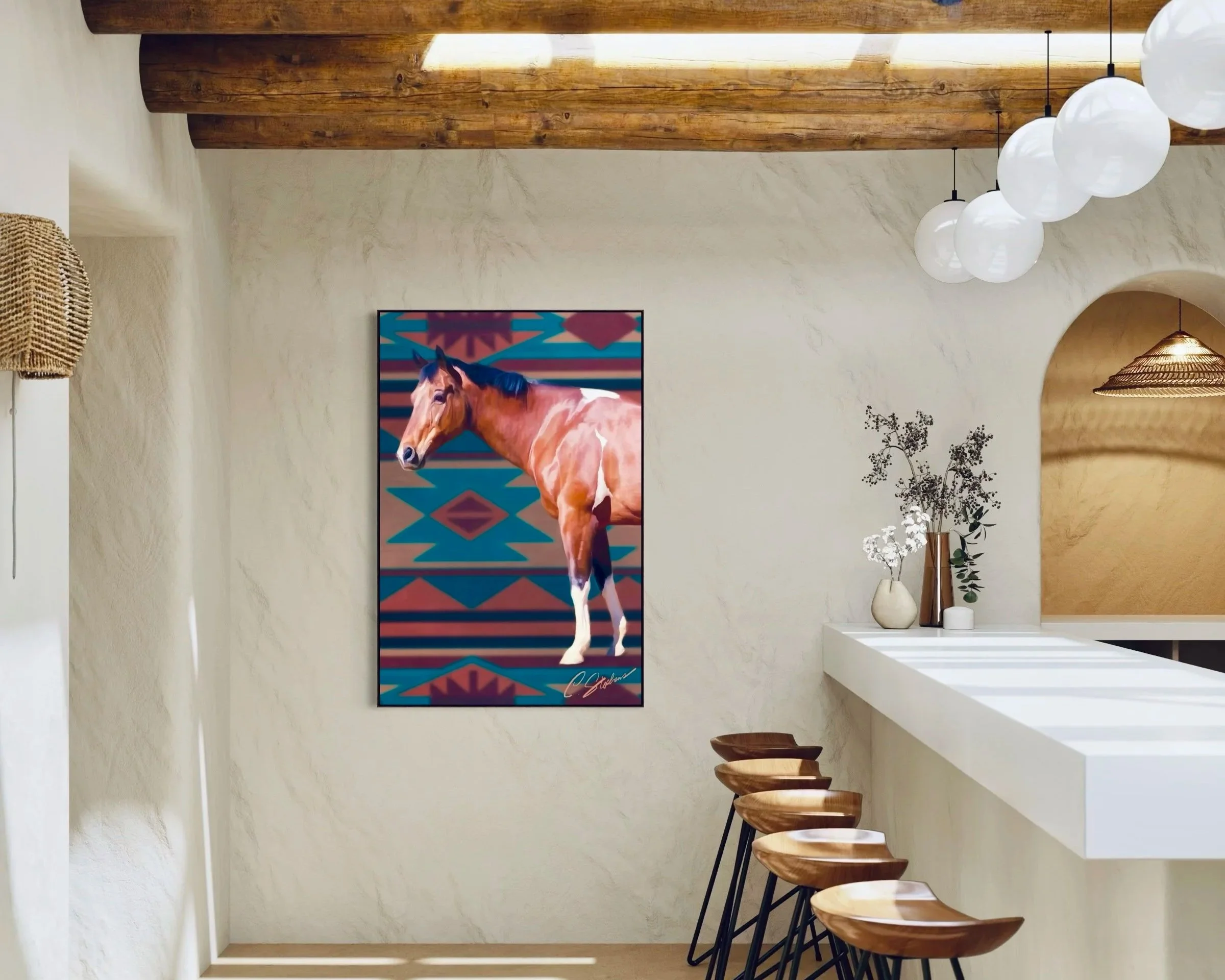 "Spirit of The Paint Horse" presents a realistic digital study of a powerful American Paint horse in profile, its dark mane and tail contrasting sharply against a backdrop of bold geometric patterns. 