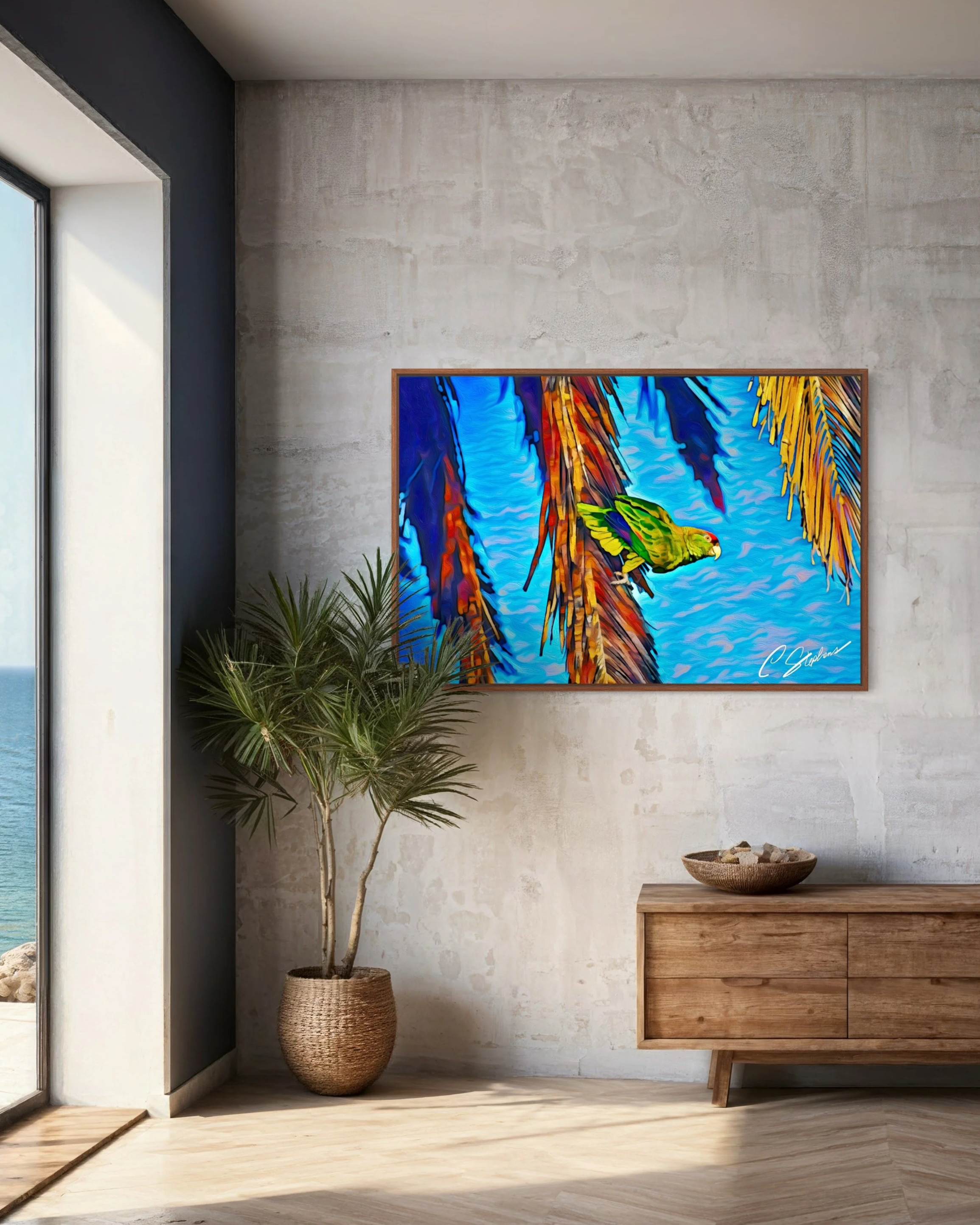 "Jungle Pulse Among Whispering Palms" , 24x36 oil on canvas, captures a moment of lively interaction between nature and color. A bright green parrot perches confidently amid palm fronds warmed in earthy browns and oranges, its feathers vibrant agains