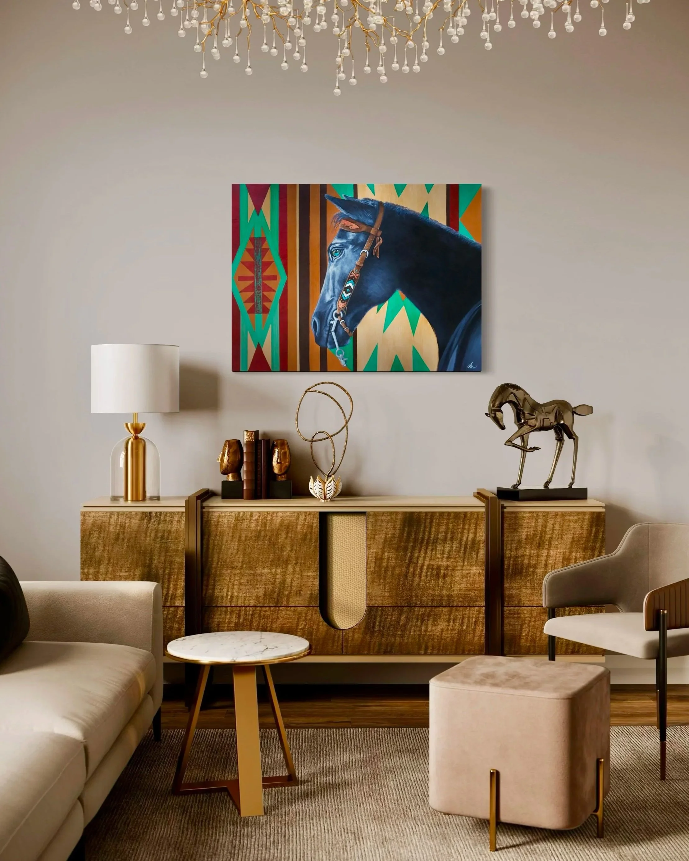 "Jet Black" presents a portrait of a black horse captured in crisp, meticulous detail. The horse's glossy coat and muscular contours are rendered with a mix of acrylic and oil on an 18x24 wood panel, giving the piece a tangible depth and texture. 