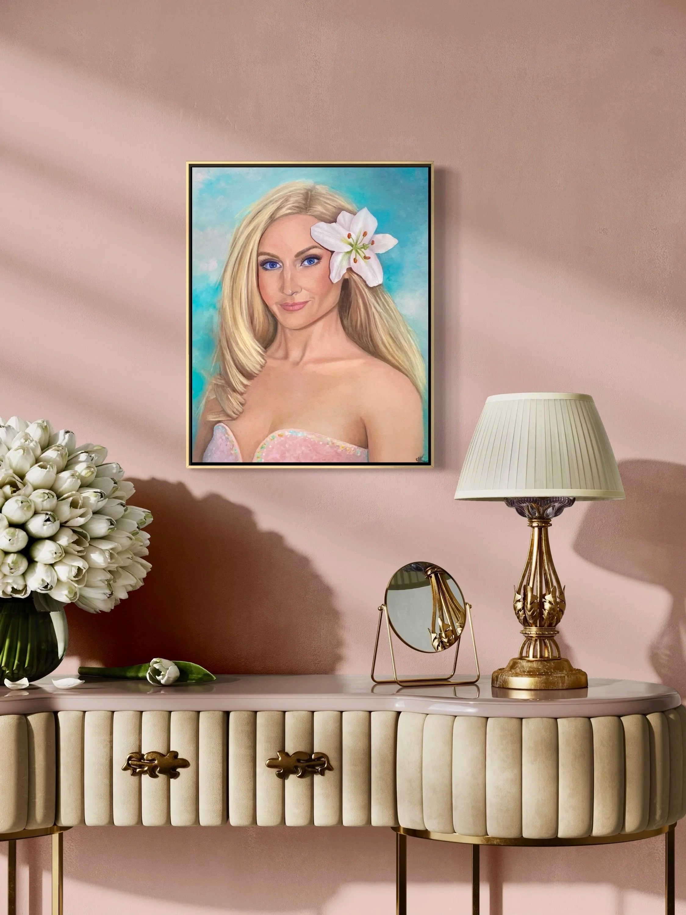 A portrait study from Daria Callie’s class 
"Andria" — 11x14 oil on wood panel, is a foundational piece where Cassidy fell in love with painting skin tones, soft edges, and capturing presence. The white Lily and turquoise background felt like the per