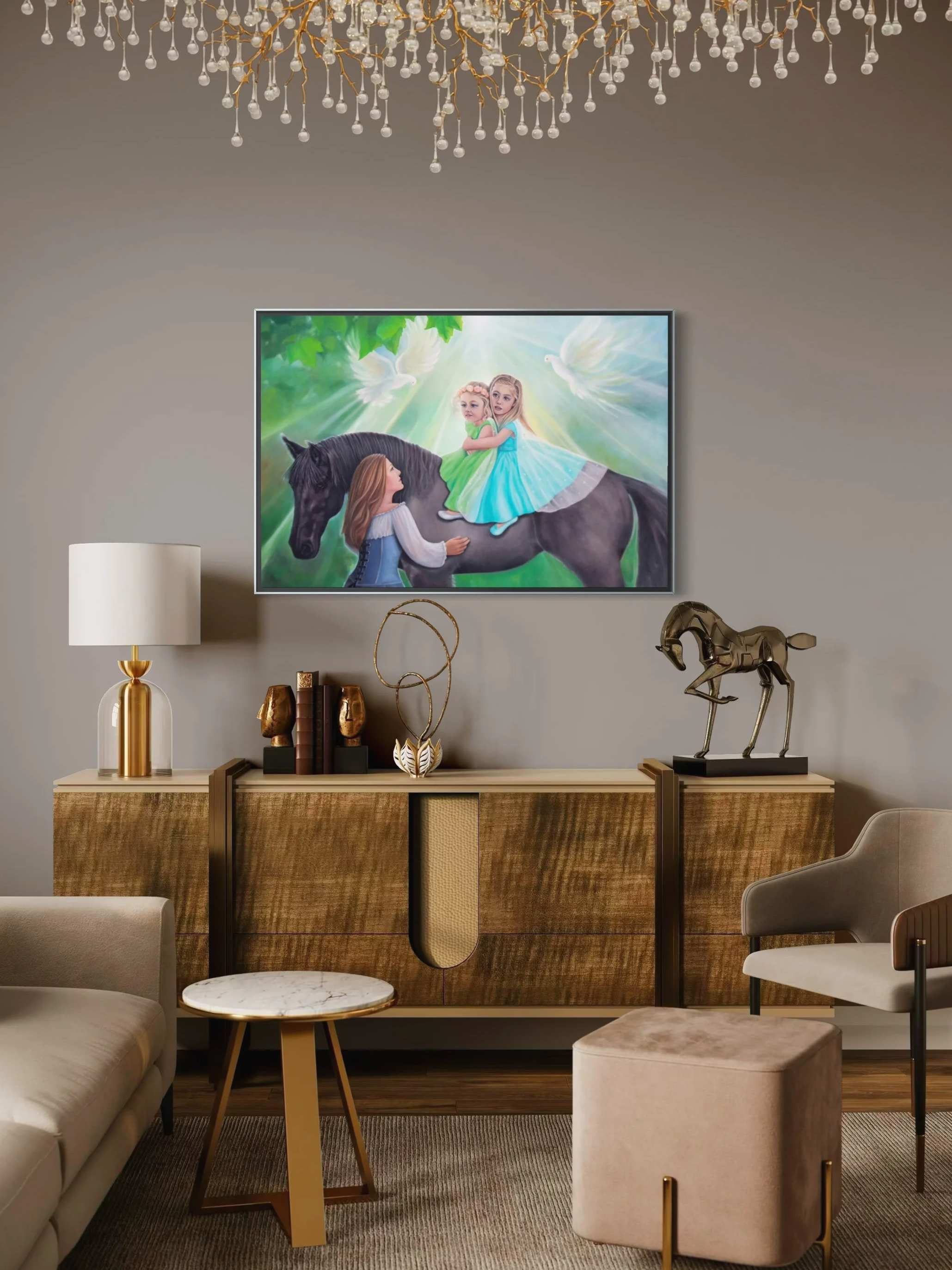 "Ama's Angels" 24 × 36”, oil on canvas, is a tender portrait of two young girls seated on a calm, dark horse, watched over by their grandmother, Ama. Soft light filters through green foliage as white doves glide above, suggesting peace, protection, a