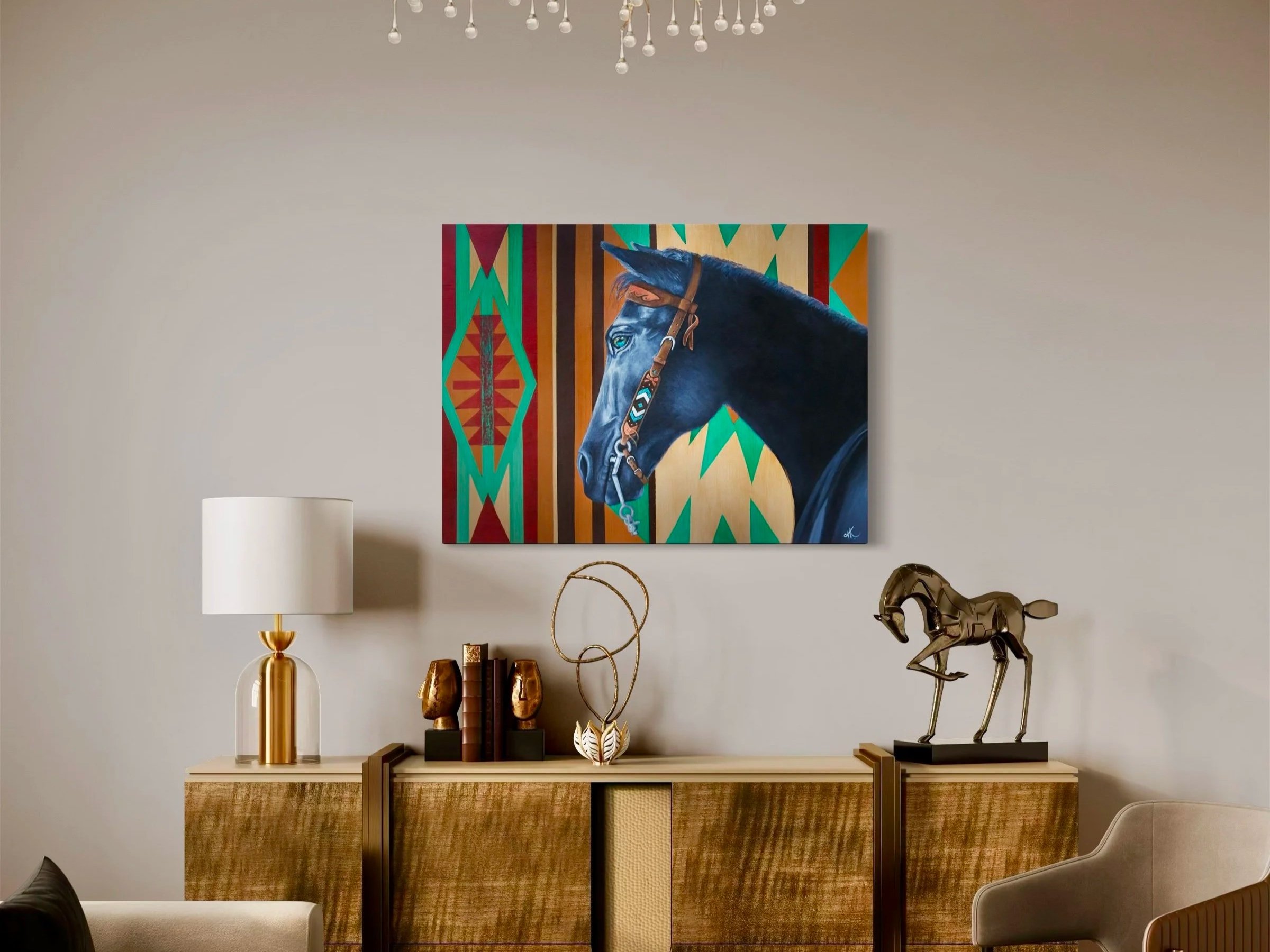 "Jet Black" presents a portrait of a black horse captured in crisp, meticulous detail. The horse's glossy coat and muscular contours are rendered with a mix of acrylic and oil on an 18x24 wood panel, giving the piece a tangible depth and texture.