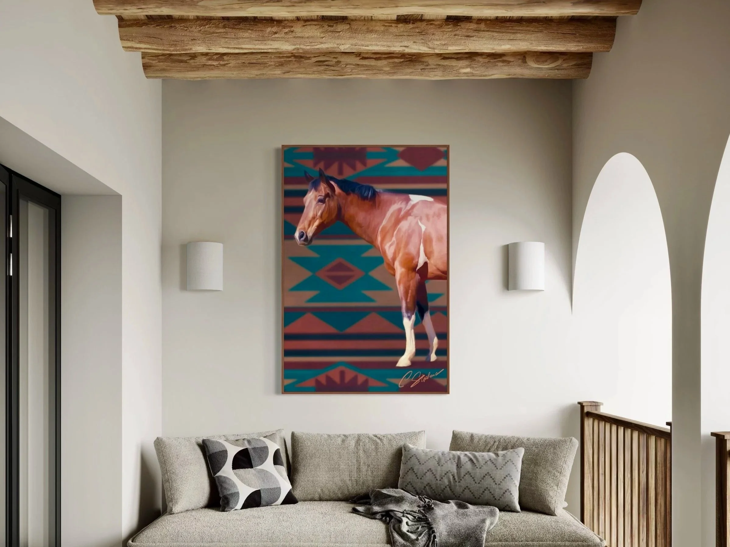 #Spirit of The Paint Horse" presents a realistic digital study of a powerful American Paint horse in profile, its dark mane and shimmering Chestnut coat contrasting against a backdrop of bold geometric patterns.