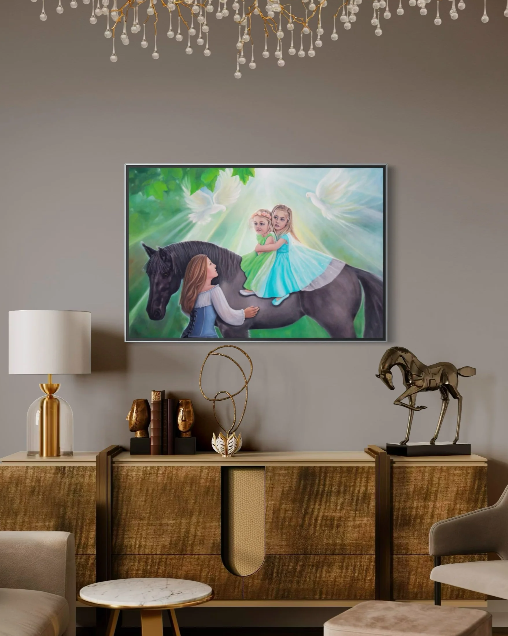 "Ama's Angels" 24 × 36”, oil on canvas, is a tender portrait of two young girls seated on their horse, watched over by their grandmother. Soft light filters through green foliage as white doves glide above, suggesting peace, protection, and an enduri