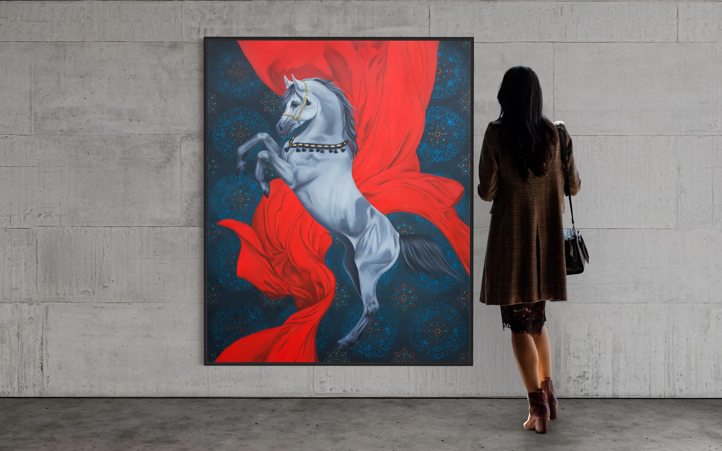 "Moroccan Dream" , 48x60' oil on canvas, is a dazzling dance of color and motion, where a gleaming silver Arabian horse is captured in an elegant pas de deux with a billowing red scarf, against a cosmic blue background of mosaic motifs.